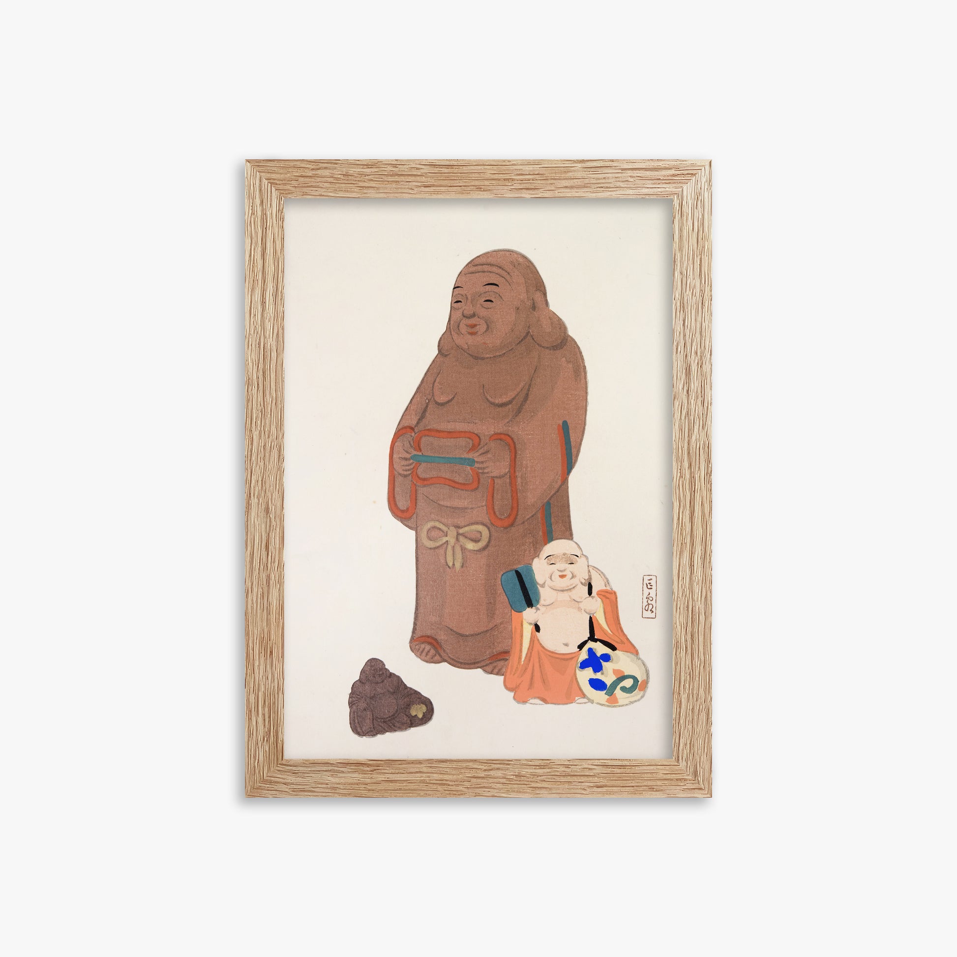 Kawasaki Kyosen: Kyosen’s Collected Illustrations of Japanese Toys Nr. 51 ("Serene Statues"), 21x30cm Framed Art Reproduction With Raw Oak Frame