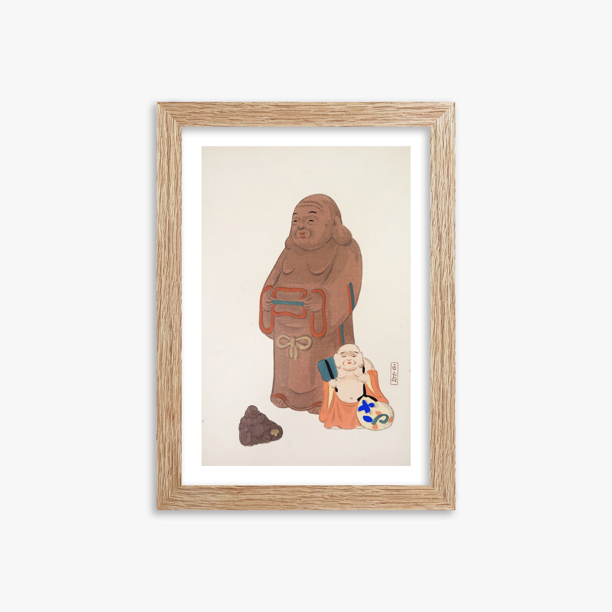 Kawasaki Kyosen: Kyosen’s Collected Illustrations of Japanese Toys Nr. 51 ("Serene Statues"), 21x30cm Framed Art Reproduction With Raw Oak Frame
