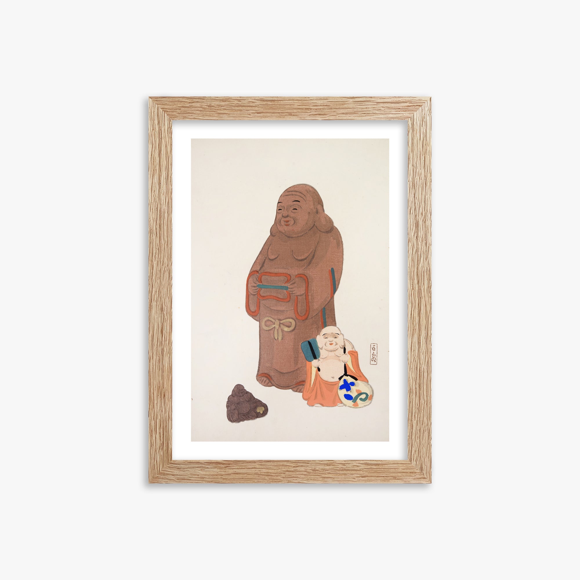 Kawasaki Kyosen: Kyosen’s Collected Illustrations of Japanese Toys Nr. 51 ("Serene Statues"), 21x30cm Framed Art Reproduction With Raw Oak Frame