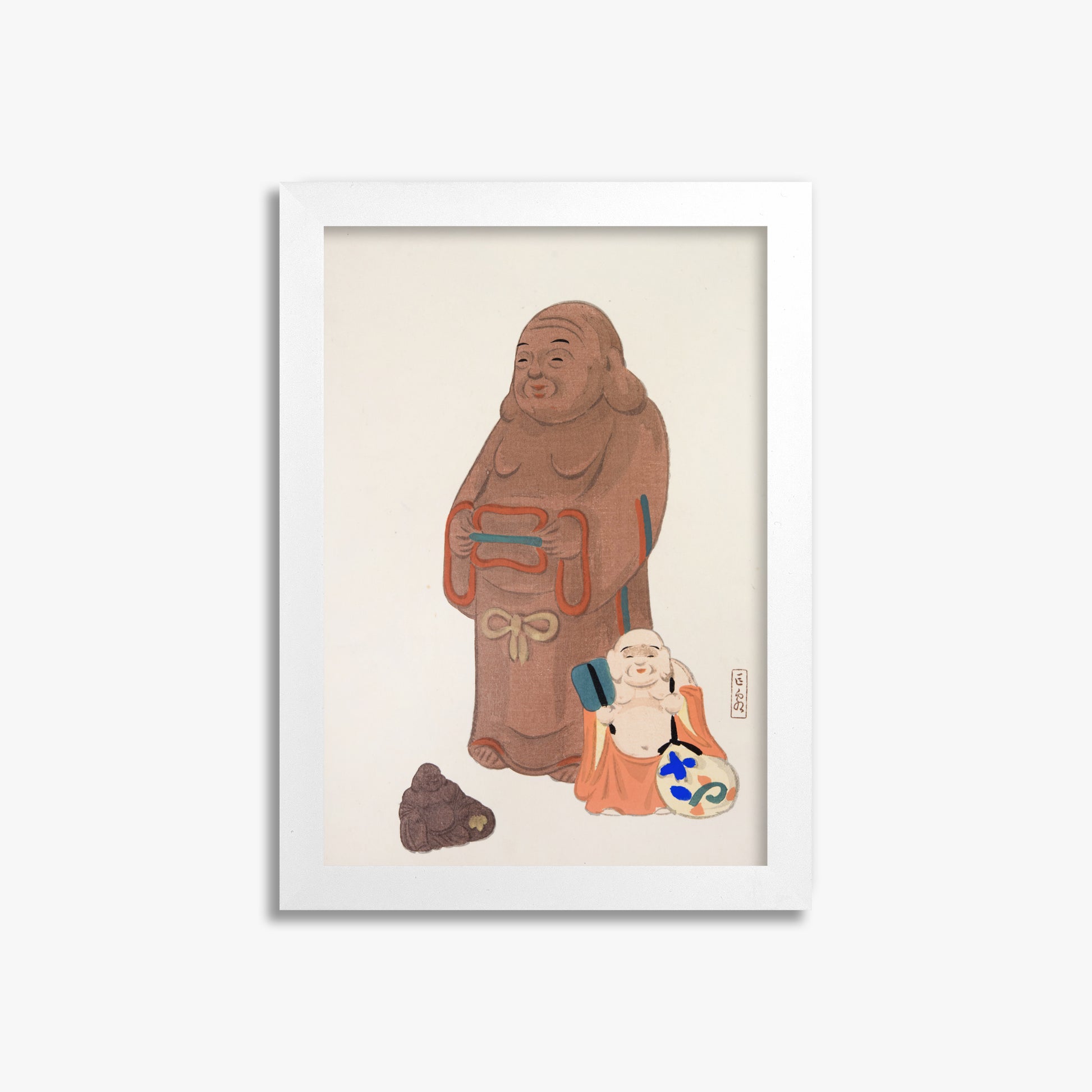 Kawasaki Kyosen: Kyosen’s Collected Illustrations of Japanese Toys Nr. 51 ("Serene Statues"), 21x30cm Framed Art Reproduction With White Frame