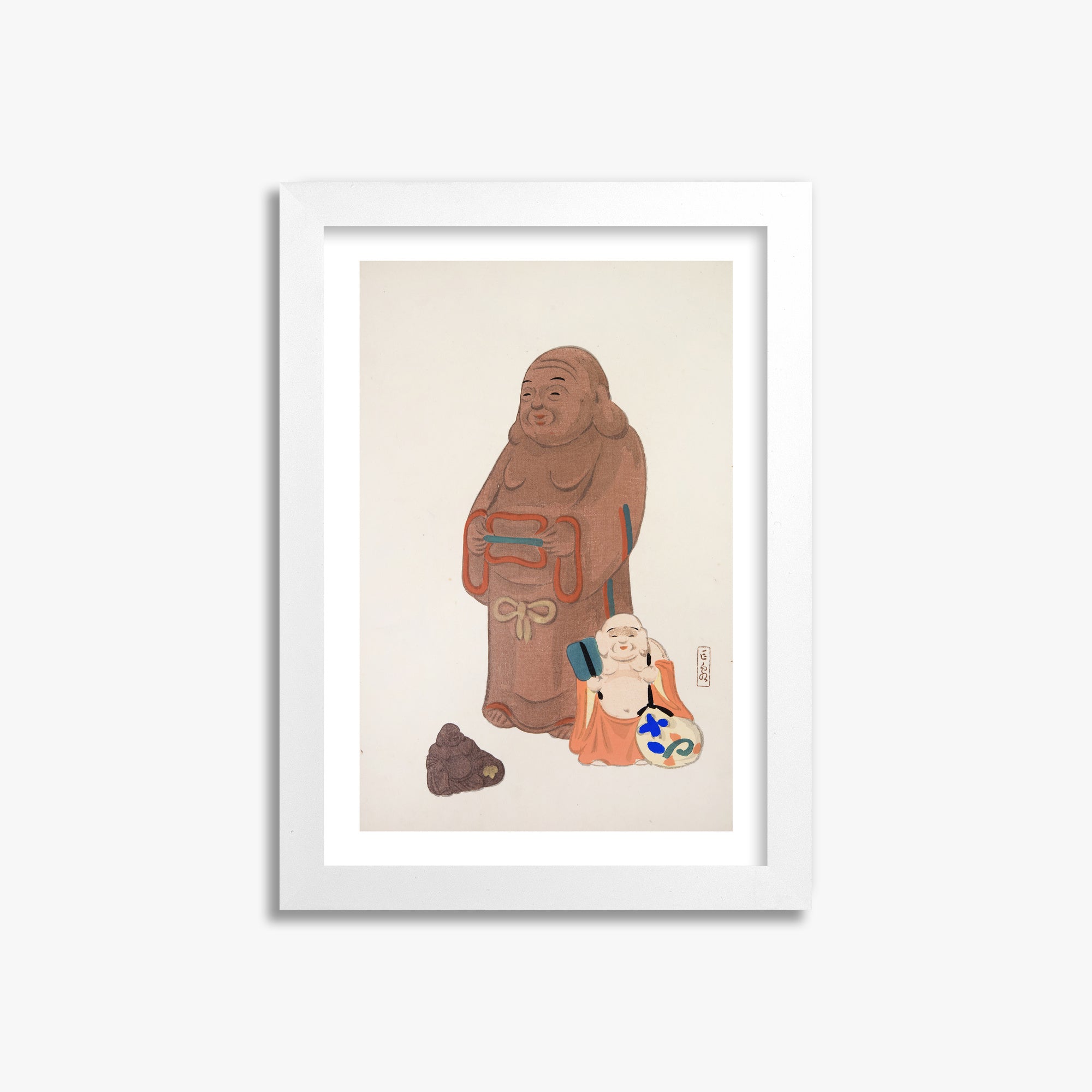 Kawasaki Kyosen: Kyosen’s Collected Illustrations of Japanese Toys Nr. 51 ("Serene Statues"), 21x30cm Framed Art Reproduction With White Frame