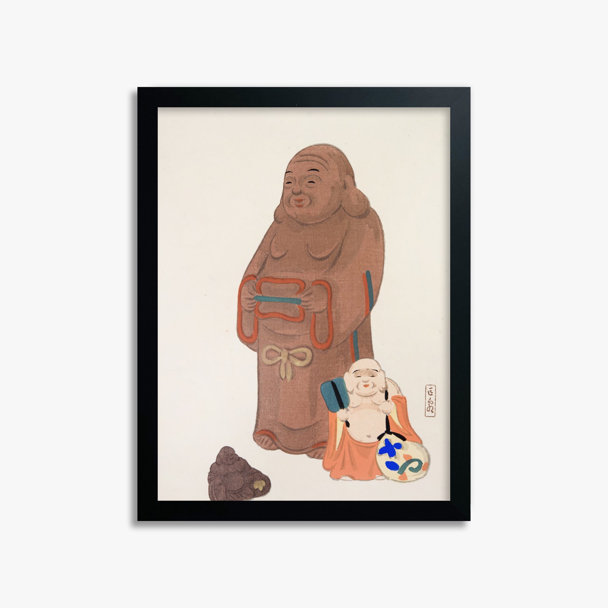 Kawasaki Kyosen: Kyosen’s Collected Illustrations of Japanese Toys Nr. 51 ("Serene Statues"), 30x40cm Framed Art Reproduction With Black Frame