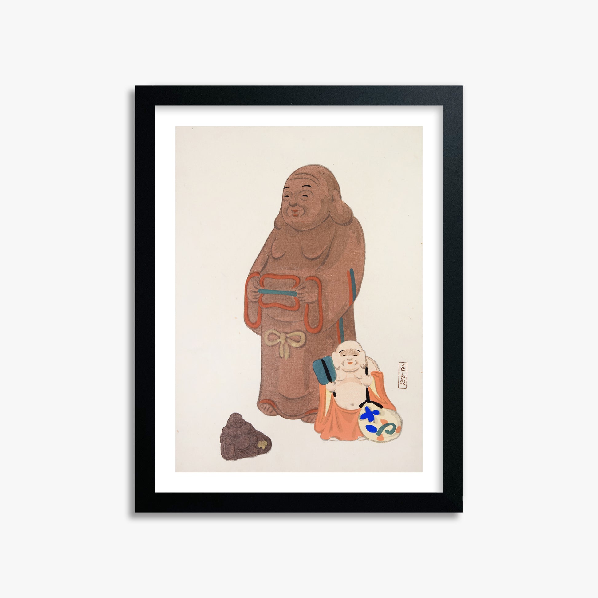 Kawasaki Kyosen: Kyosen’s Collected Illustrations of Japanese Toys Nr. 51 ("Serene Statues"), 30x40cm Framed Art Reproduction With Black Frame