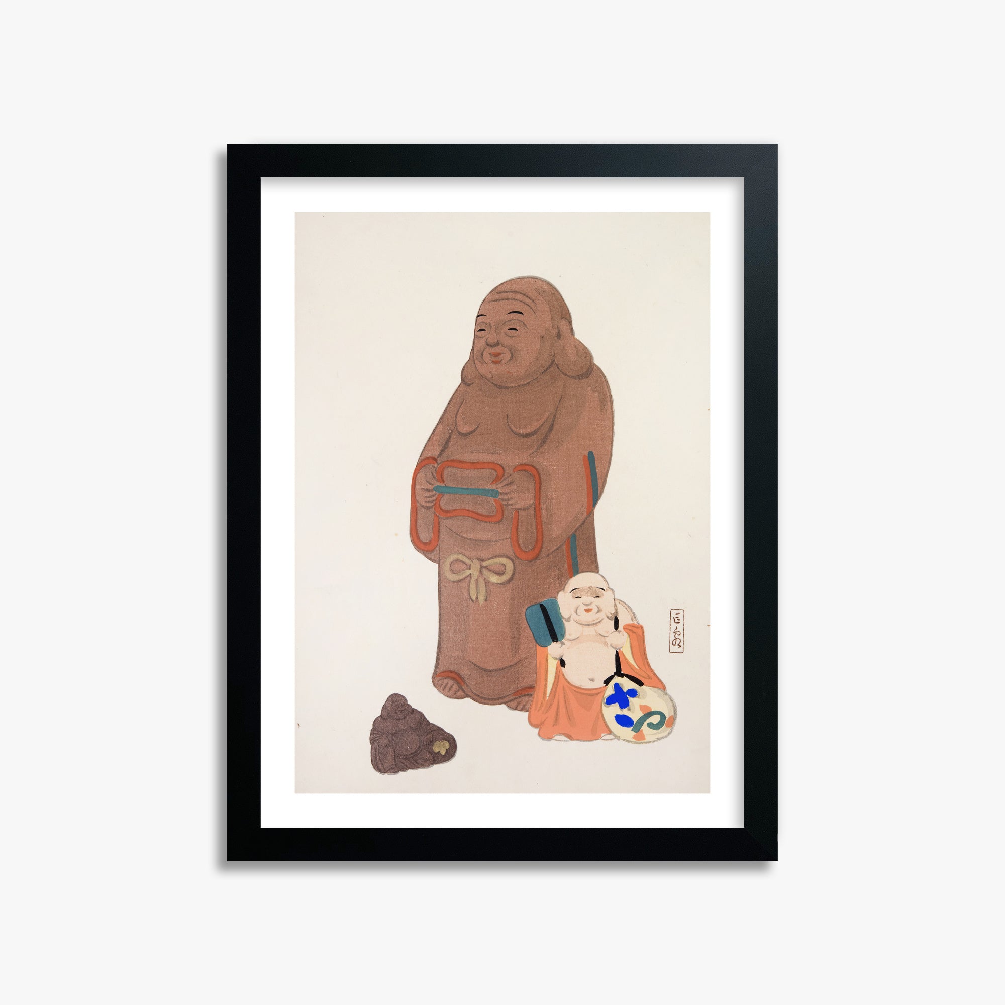 Kawasaki Kyosen: Kyosen’s Collected Illustrations of Japanese Toys Nr. 51 ("Serene Statues"), 30x40cm Framed Art Reproduction With Black Frame