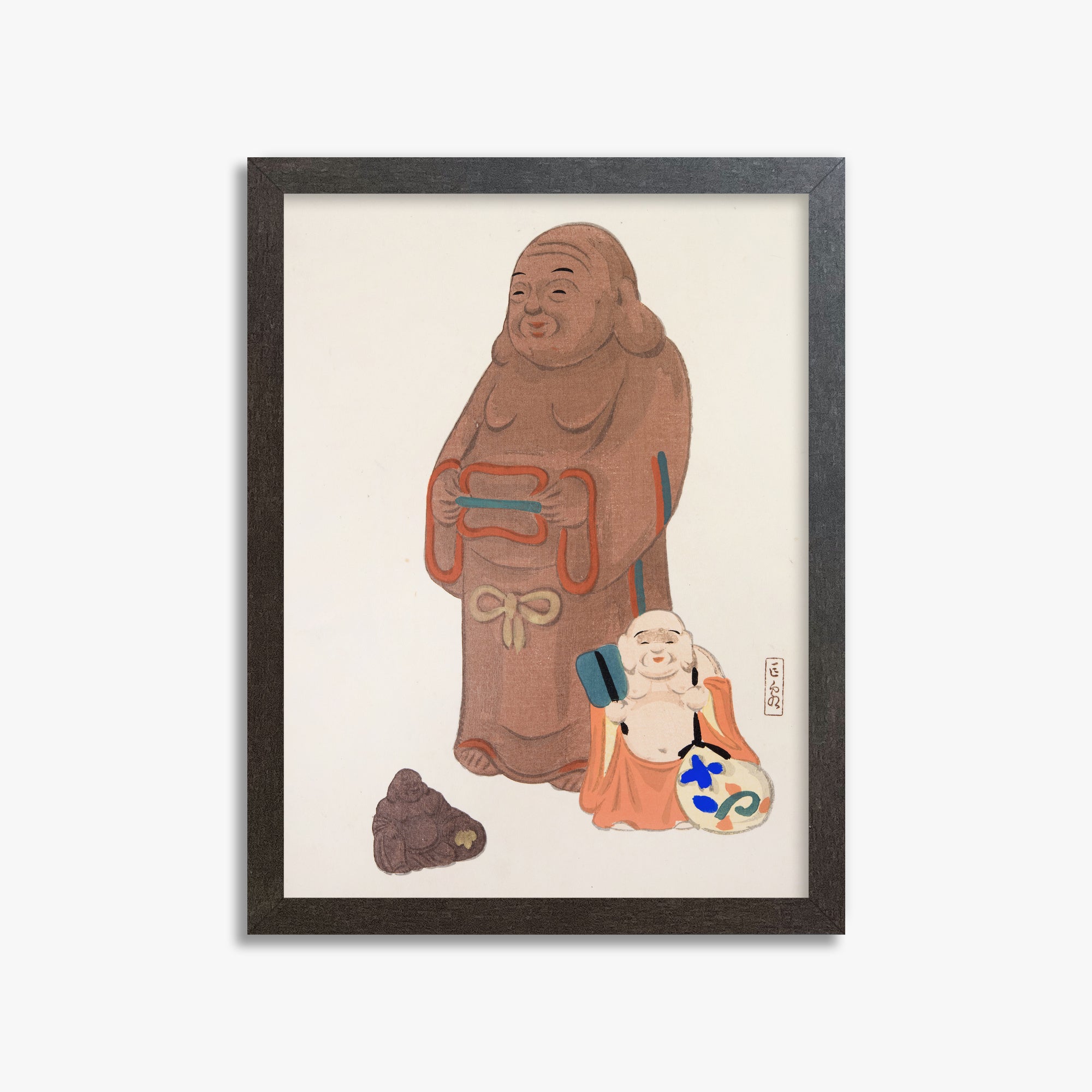 Kawasaki Kyosen: Kyosen’s Collected Illustrations of Japanese Toys Nr. 51 ("Serene Statues"), 30x40cm Framed Art Reproduction With Espresso Frame