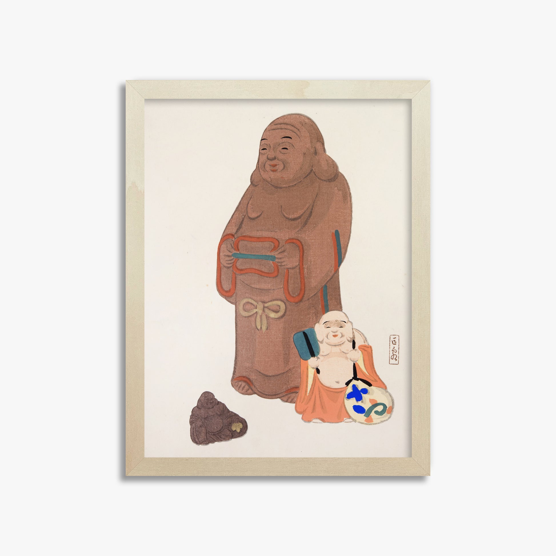 Kawasaki Kyosen: Kyosen’s Collected Illustrations of Japanese Toys Nr. 51 ("Serene Statues"), 30x40cm Framed Art Reproduction With Lime Wood Frame