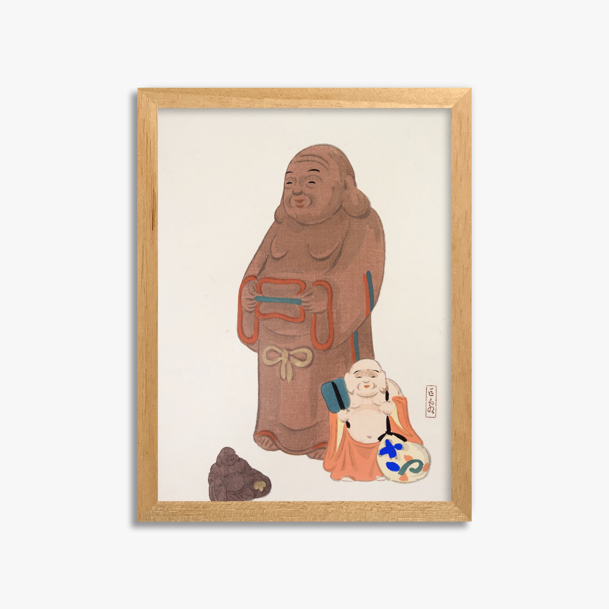 Kawasaki Kyosen: Kyosen’s Collected Illustrations of Japanese Toys Nr. 51 ("Serene Statues"), 30x40cm Framed Art Reproduction With Oak Frame