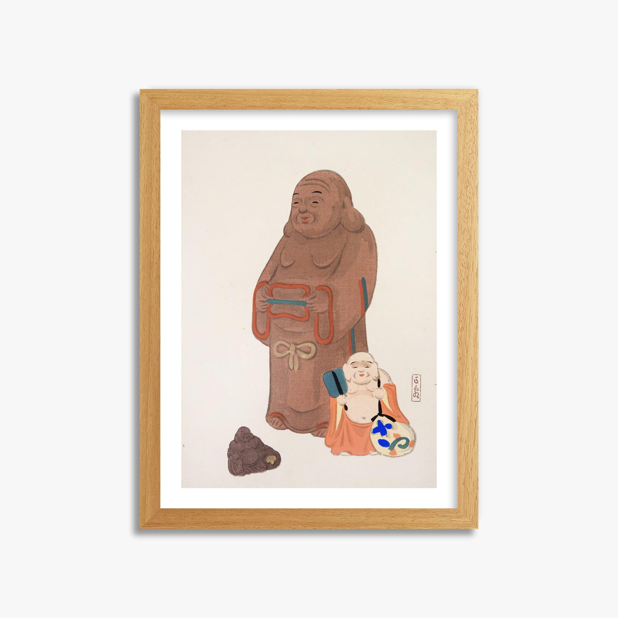 Kawasaki Kyosen: Kyosen’s Collected Illustrations of Japanese Toys Nr. 51 ("Serene Statues"), 30x40cm Framed Art Reproduction With Oak Frame
