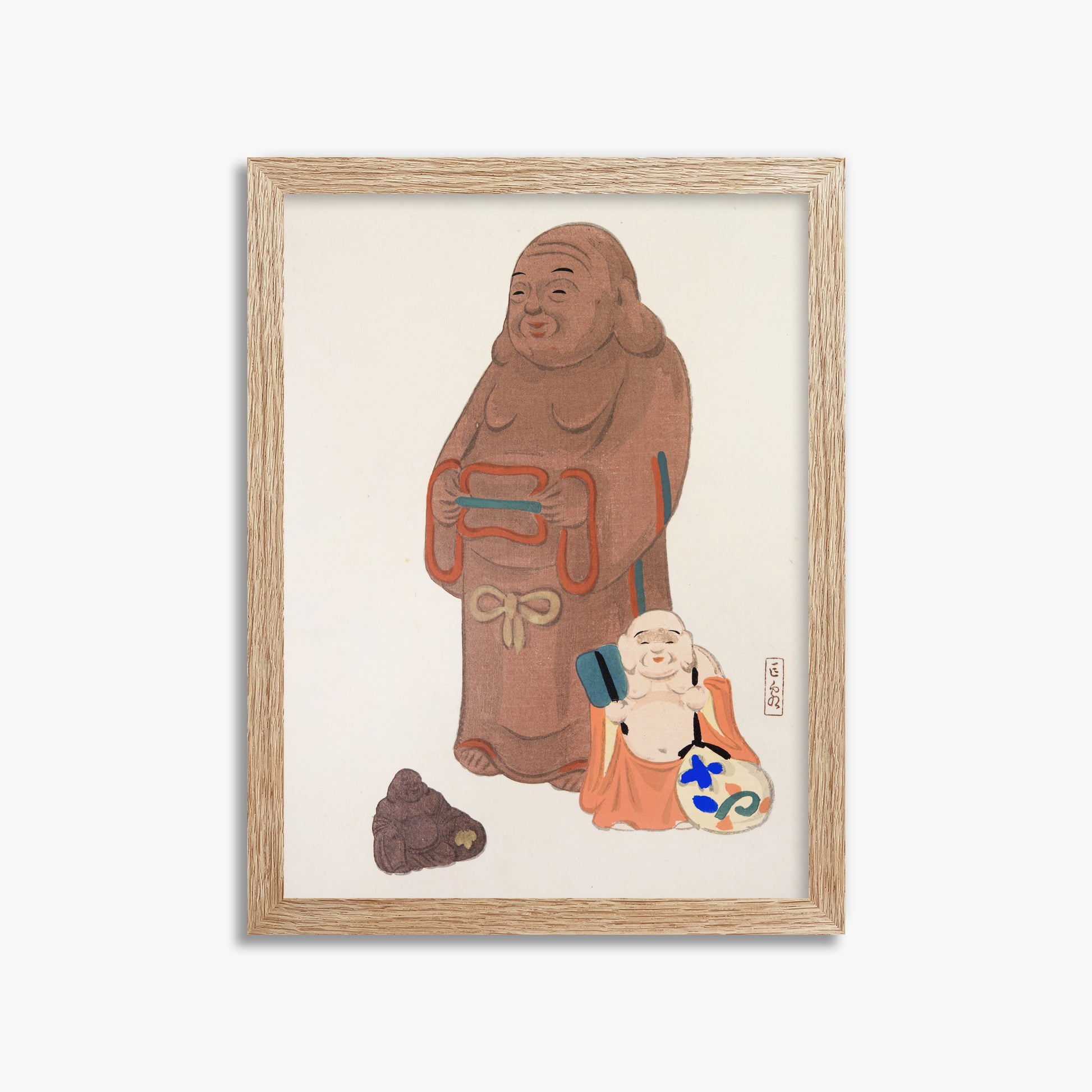 Kawasaki Kyosen: Kyosen’s Collected Illustrations of Japanese Toys Nr. 51 ("Serene Statues"), 30x40cm Framed Art Reproduction With Raw Oak Frame