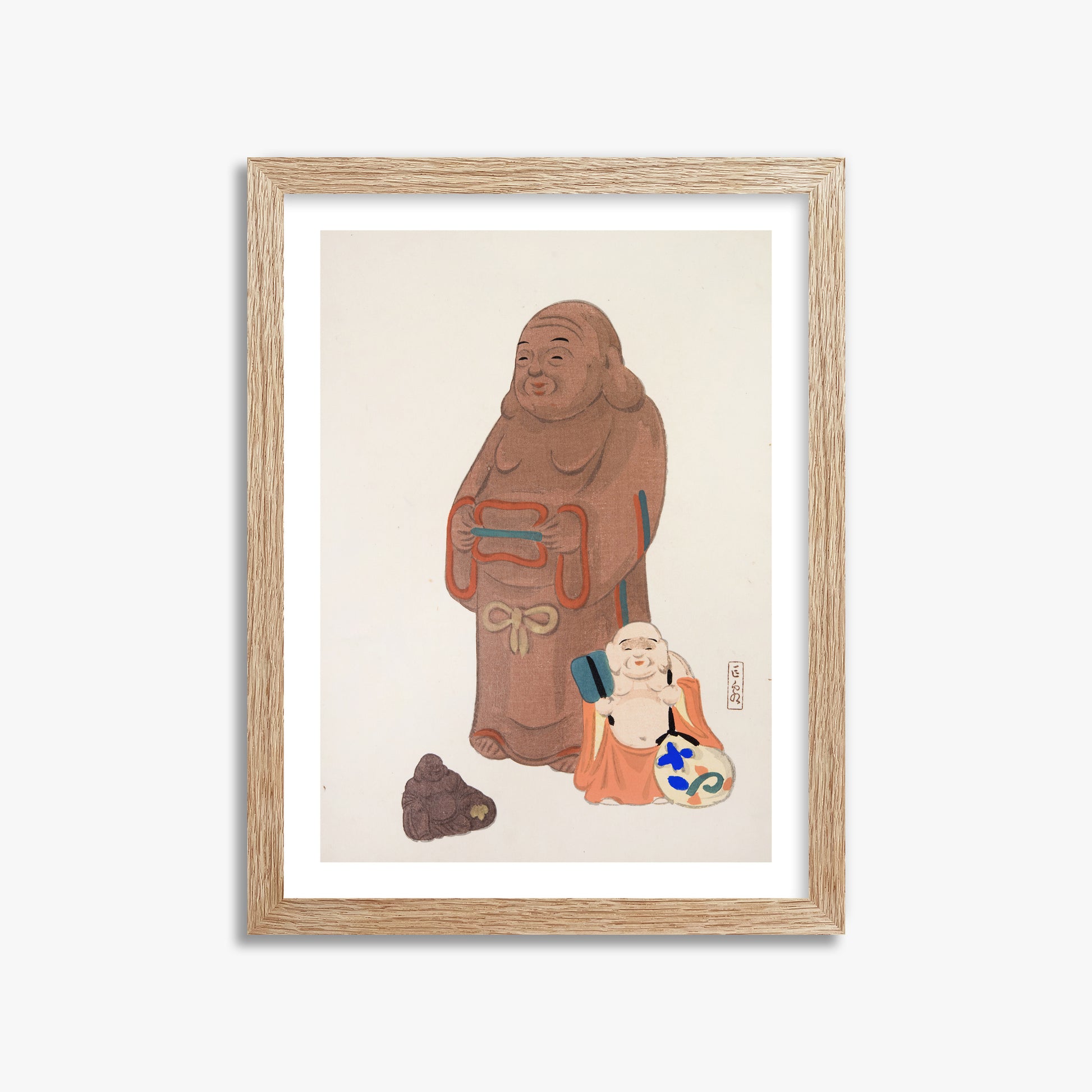 Kawasaki Kyosen: Kyosen’s Collected Illustrations of Japanese Toys Nr. 51 ("Serene Statues"), 30x40cm Framed Art Reproduction With Raw Oak Frame