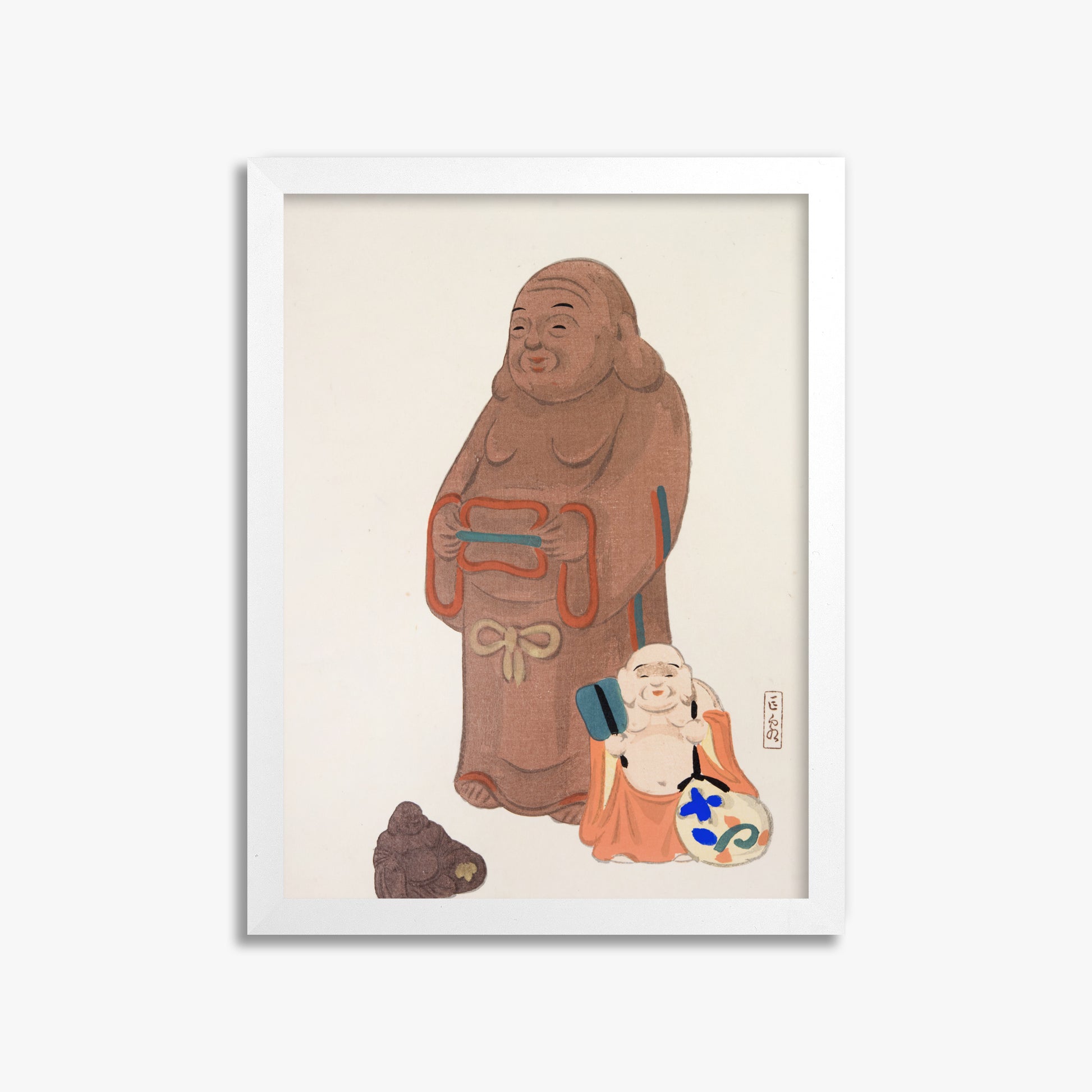 Kawasaki Kyosen: Kyosen’s Collected Illustrations of Japanese Toys Nr. 51 ("Serene Statues"), 30x40cm Framed Art Reproduction With White Frame