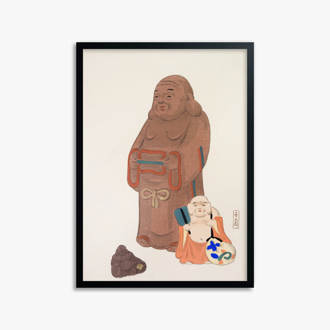 Kawasaki Kyosen: Kyosen’s Collected Illustrations of Japanese Toys Nr. 51 ("Serene Statues"), 50x70cm Framed Art Reproduction With Black Frame