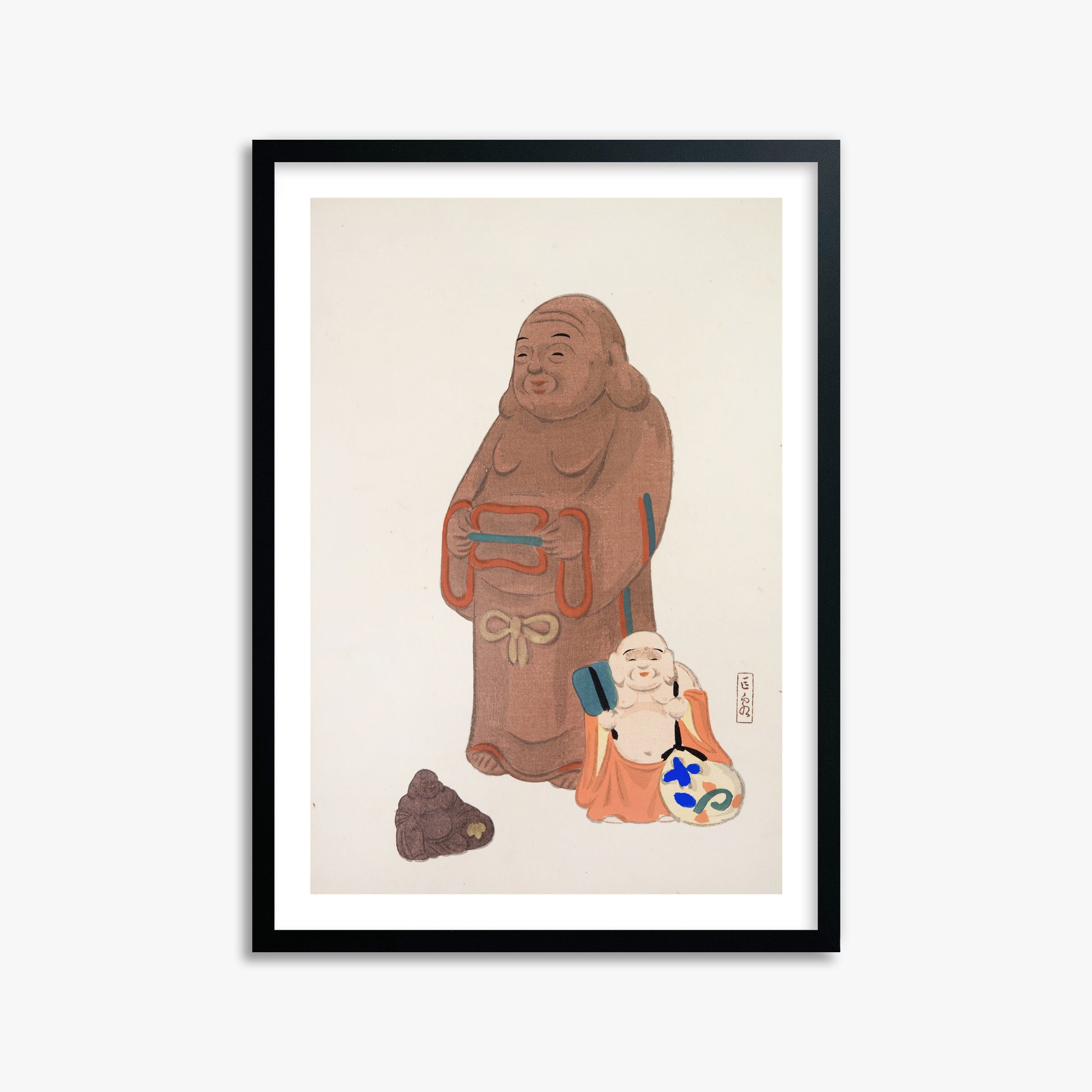 Kawasaki Kyosen: Kyosen’s Collected Illustrations of Japanese Toys Nr. 51 ("Serene Statues"), 50x70cm Framed Art Reproduction With Black Frame