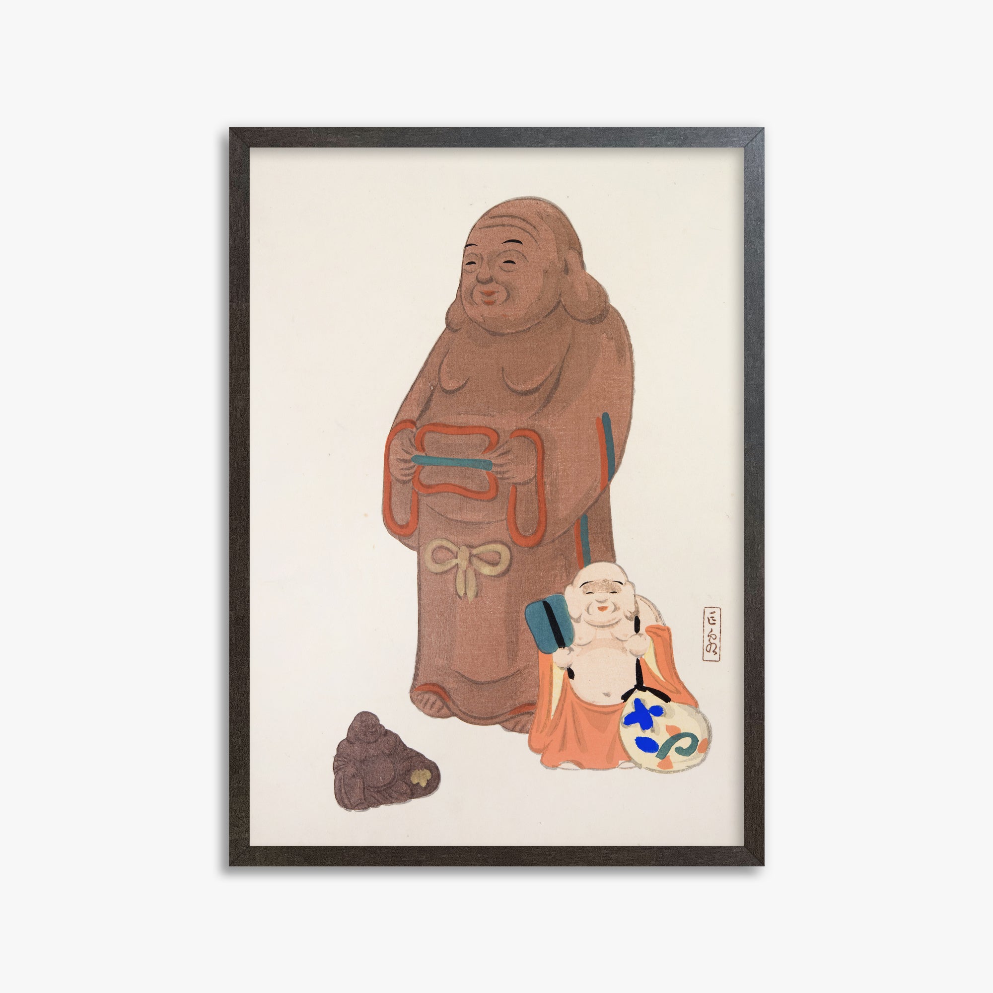 Kawasaki Kyosen: Kyosen’s Collected Illustrations of Japanese Toys Nr. 51 ("Serene Statues"), 50x70cm Framed Art Reproduction With Espresso Frame