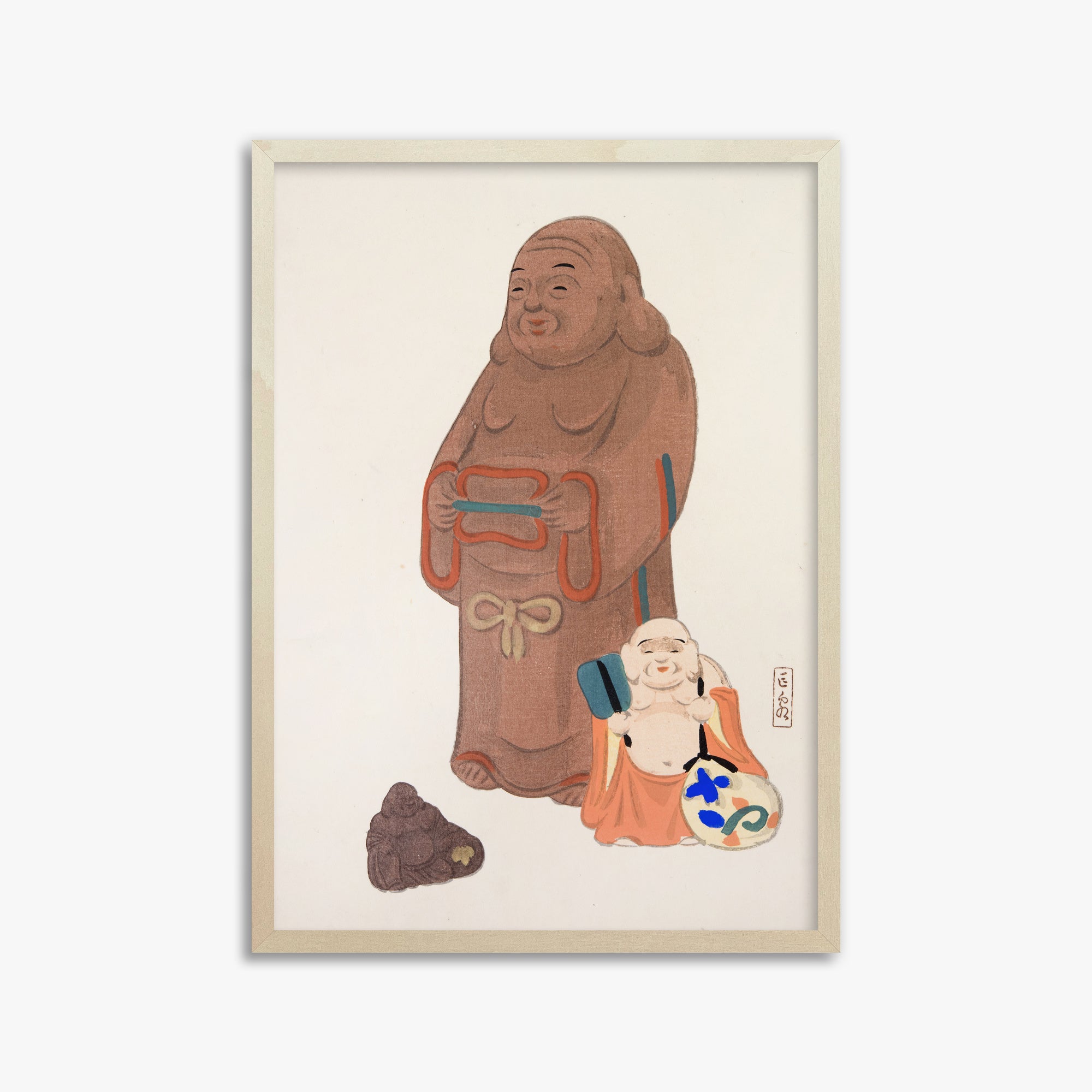 Kawasaki Kyosen: Kyosen’s Collected Illustrations of Japanese Toys Nr. 51 ("Serene Statues"), 50x70cm Framed Art Reproduction With Lime Wood Frame