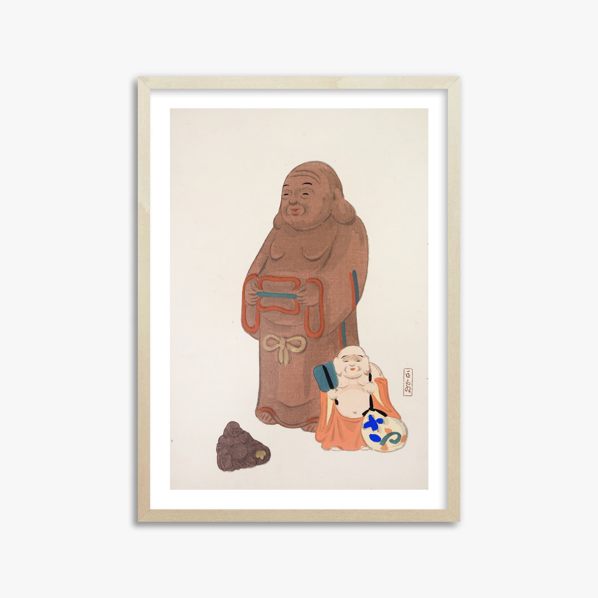 Kawasaki Kyosen: Kyosen’s Collected Illustrations of Japanese Toys Nr. 51 ("Serene Statues"), 50x70cm Framed Art Reproduction With Lime Wood Frame