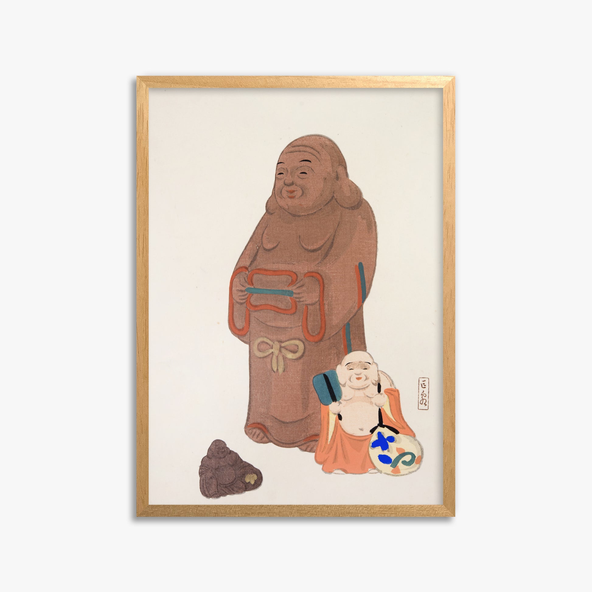 Kawasaki Kyosen: Kyosen’s Collected Illustrations of Japanese Toys Nr. 51 ("Serene Statues"), 50x70cm Framed Art Reproduction With Oak Frame