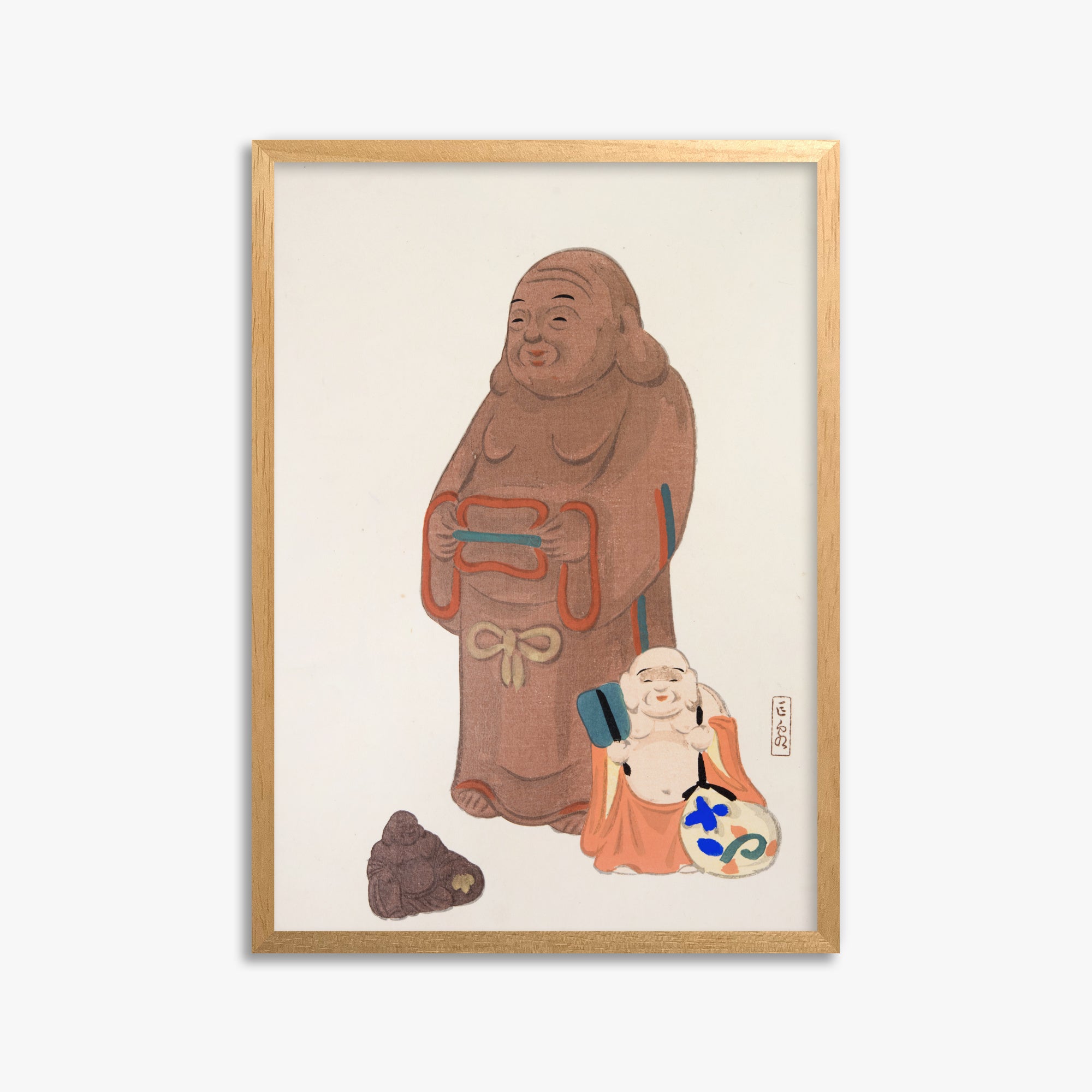 Kawasaki Kyosen: Kyosen’s Collected Illustrations of Japanese Toys Nr. 51 ("Serene Statues"), 50x70cm Framed Art Reproduction With Oak Frame