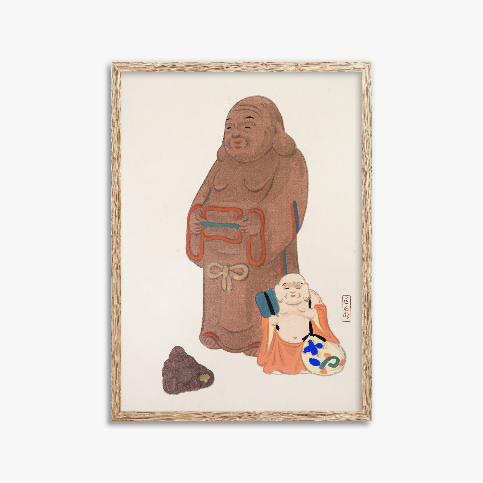 Kawasaki Kyosen: Kyosen’s Collected Illustrations of Japanese Toys Nr. 51 ("Serene Statues"), 50x70cm Framed Art Reproduction With Raw Oak Frame