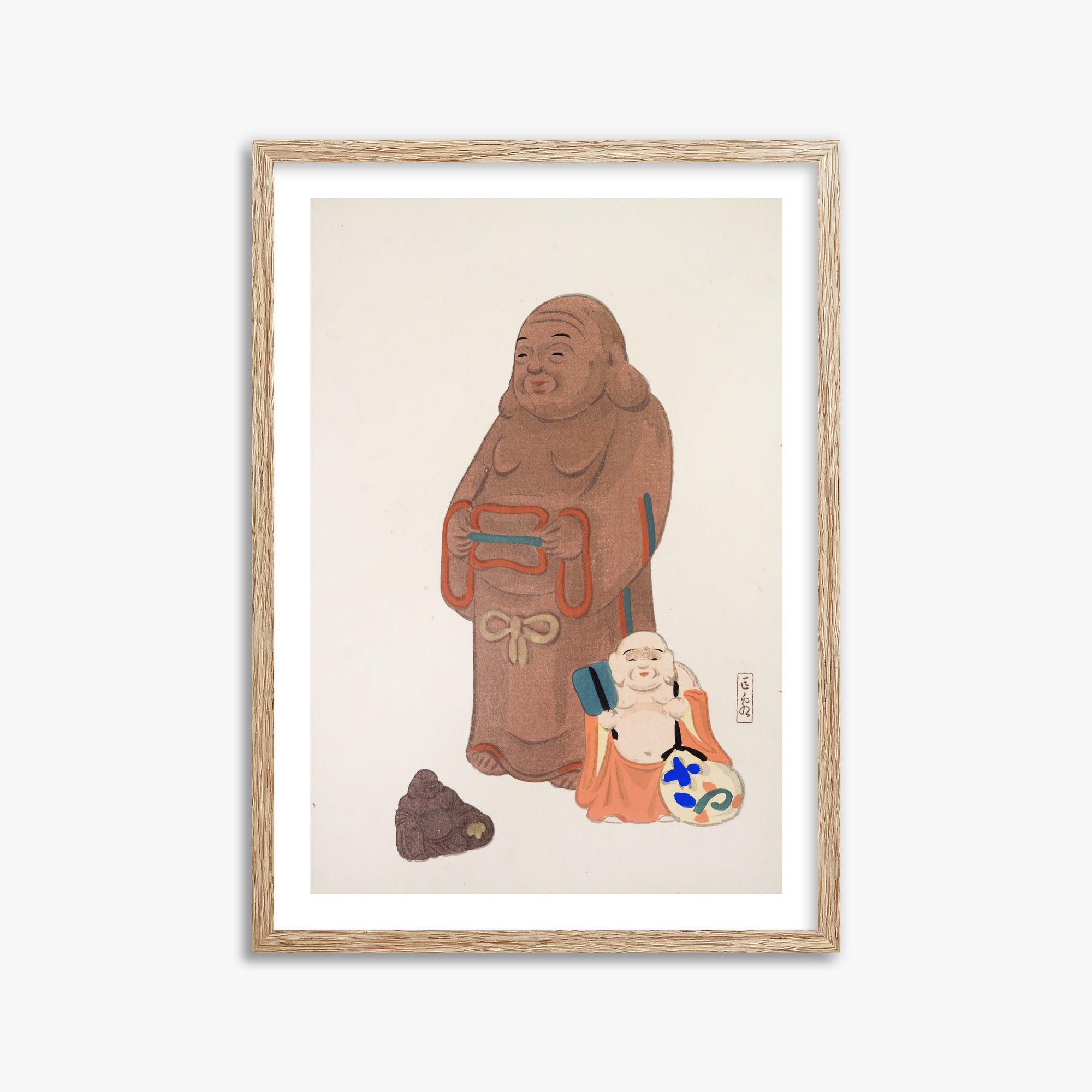 Kawasaki Kyosen: Kyosen’s Collected Illustrations of Japanese Toys Nr. 51 ("Serene Statues"), 50x70cm Framed Art Reproduction With Raw Oak Frame