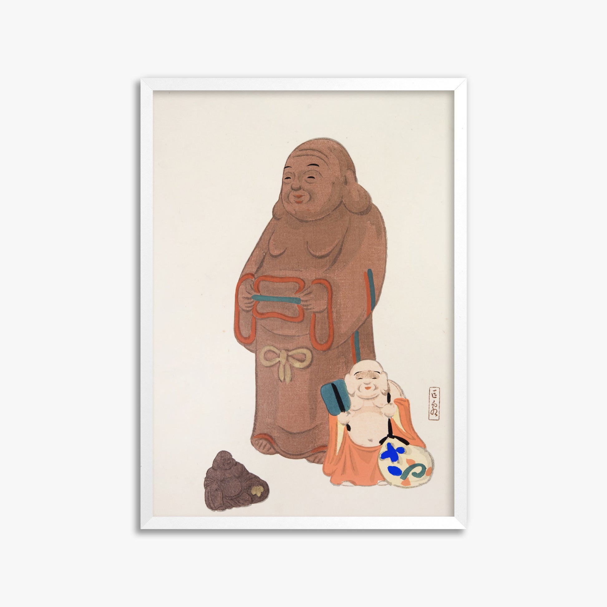 Kawasaki Kyosen: Kyosen’s Collected Illustrations of Japanese Toys Nr. 51 ("Serene Statues"), 50x70cm Framed Art Reproduction With White Frame