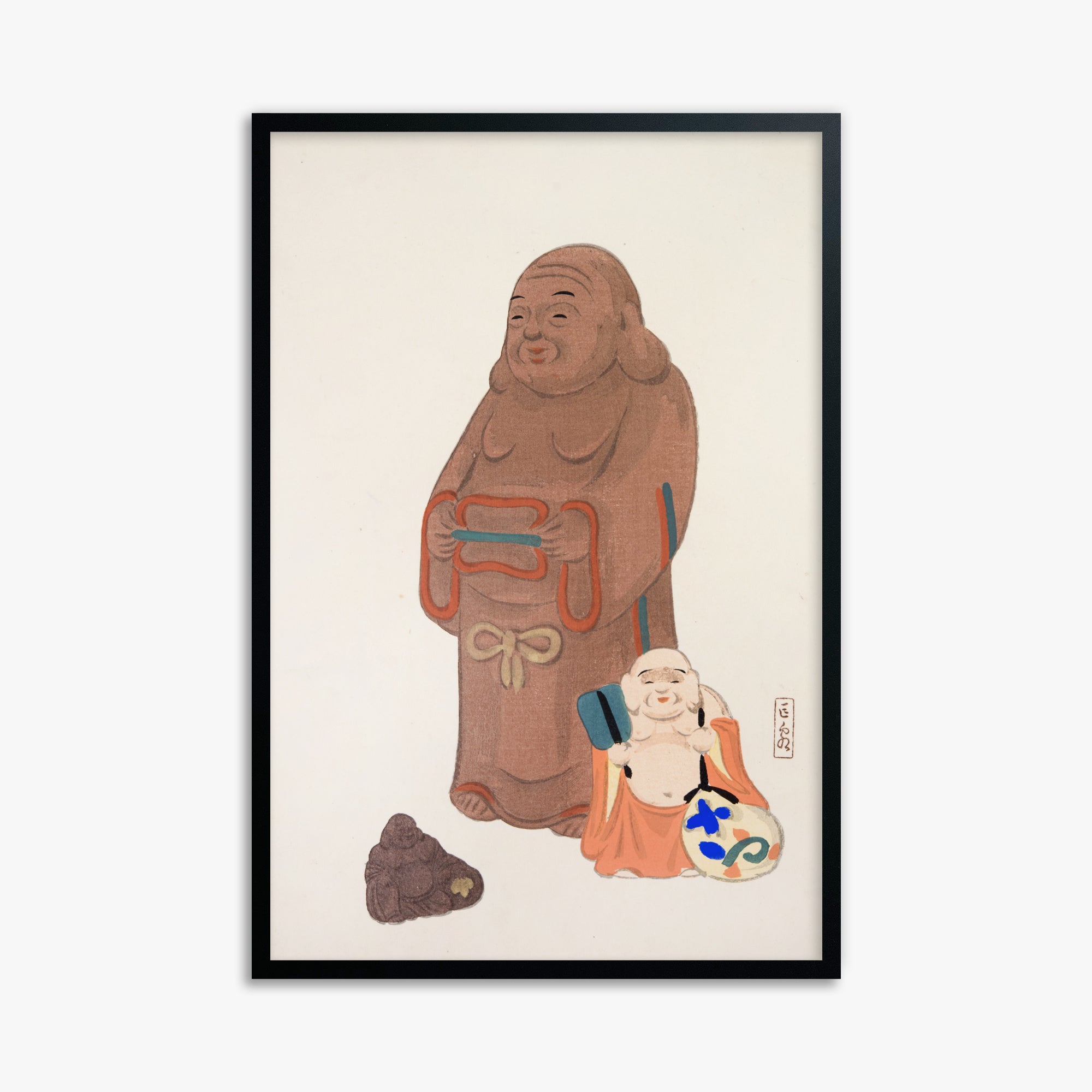 Kawasaki Kyosen: Kyosen’s Collected Illustrations of Japanese Toys Nr. 51 ("Serene Statues"), 61x91cm Framed Art Reproduction With Black Frame
