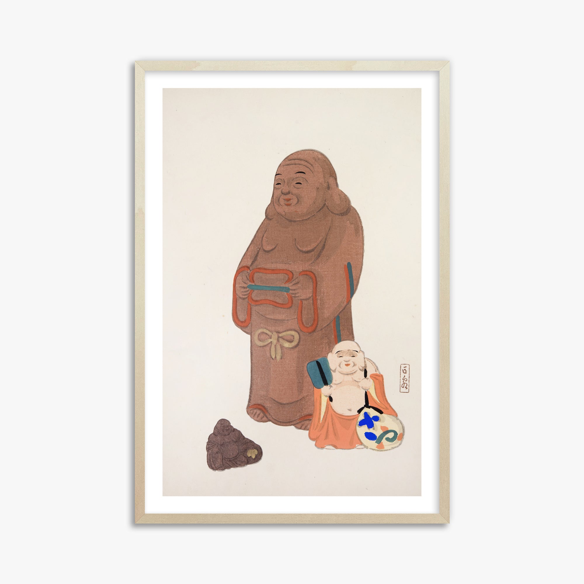 Kawasaki Kyosen: Kyosen’s Collected Illustrations of Japanese Toys Nr. 51 ("Serene Statues"), 61x91cm Framed Art Reproduction With Lime Wood Frame