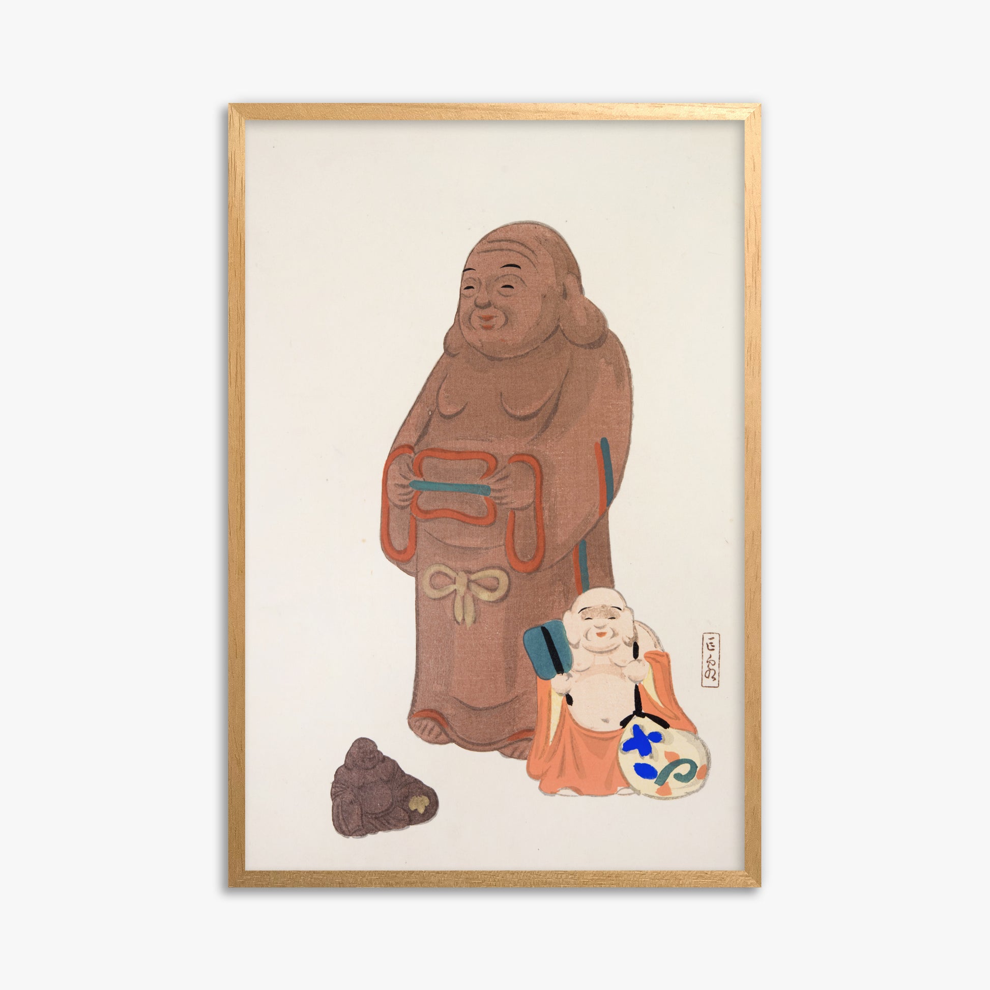 Kawasaki Kyosen: Kyosen’s Collected Illustrations of Japanese Toys Nr. 51 ("Serene Statues"), 61x91cm Framed Art Reproduction With Oak Frame