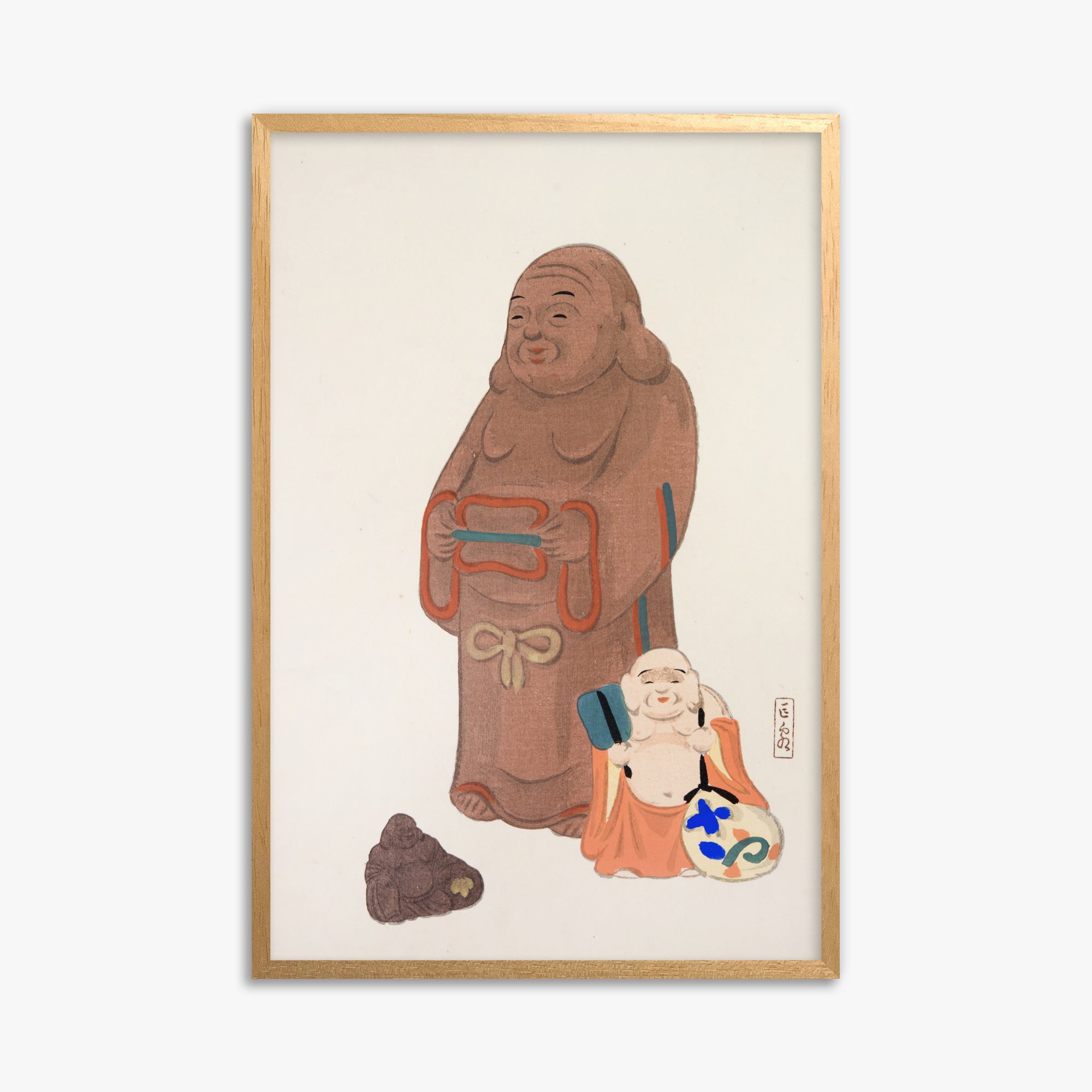 Kawasaki Kyosen: Kyosen’s Collected Illustrations of Japanese Toys Nr. 51 ("Serene Statues"), 61x91cm Framed Art Reproduction With Oak Frame
