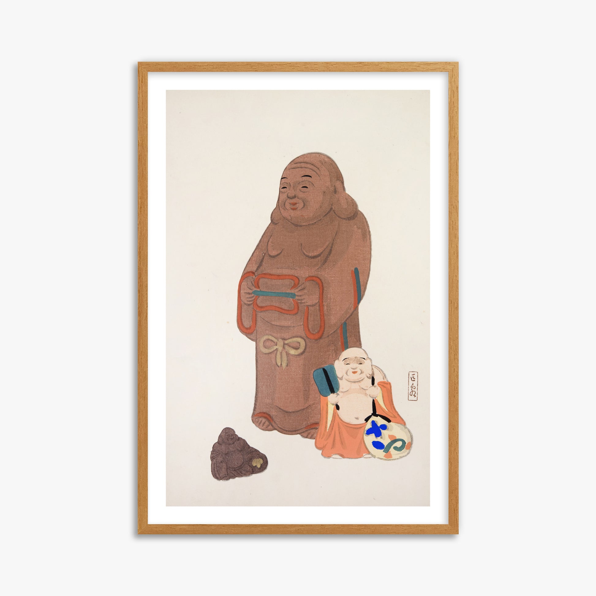 Kawasaki Kyosen: Kyosen’s Collected Illustrations of Japanese Toys Nr. 51 ("Serene Statues"), 61x91cm Framed Art Reproduction With Oak Frame