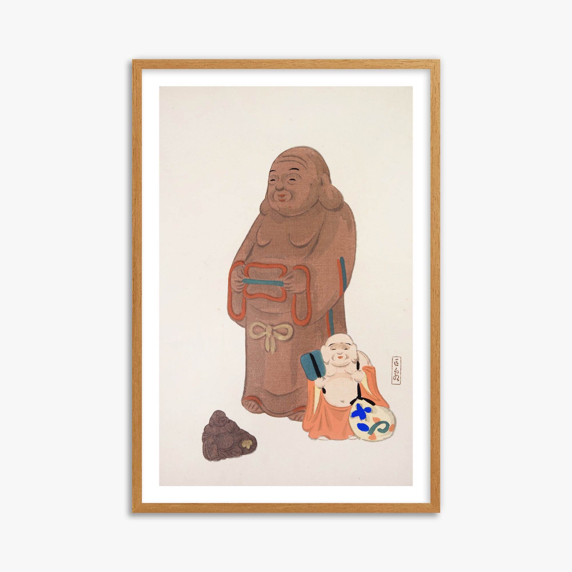 Kawasaki Kyosen: Kyosen’s Collected Illustrations of Japanese Toys Nr. 51 ("Serene Statues"), 61x91cm Framed Art Reproduction With Oak Frame