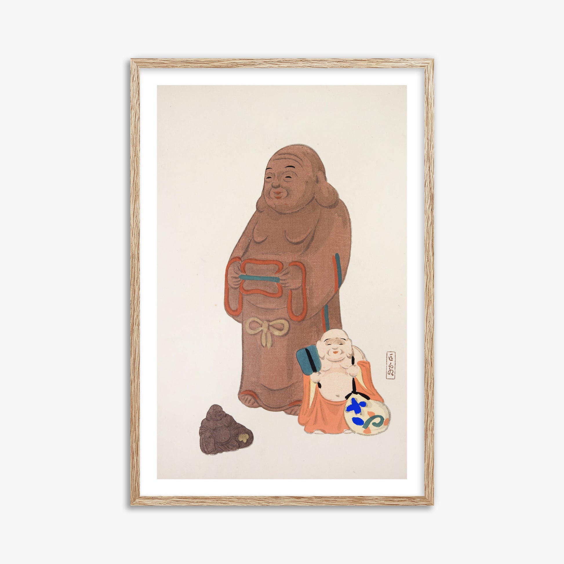 Kawasaki Kyosen: Kyosen’s Collected Illustrations of Japanese Toys Nr. 51 ("Serene Statues"), 61x91cm Framed Art Reproduction With Raw Oak Frame