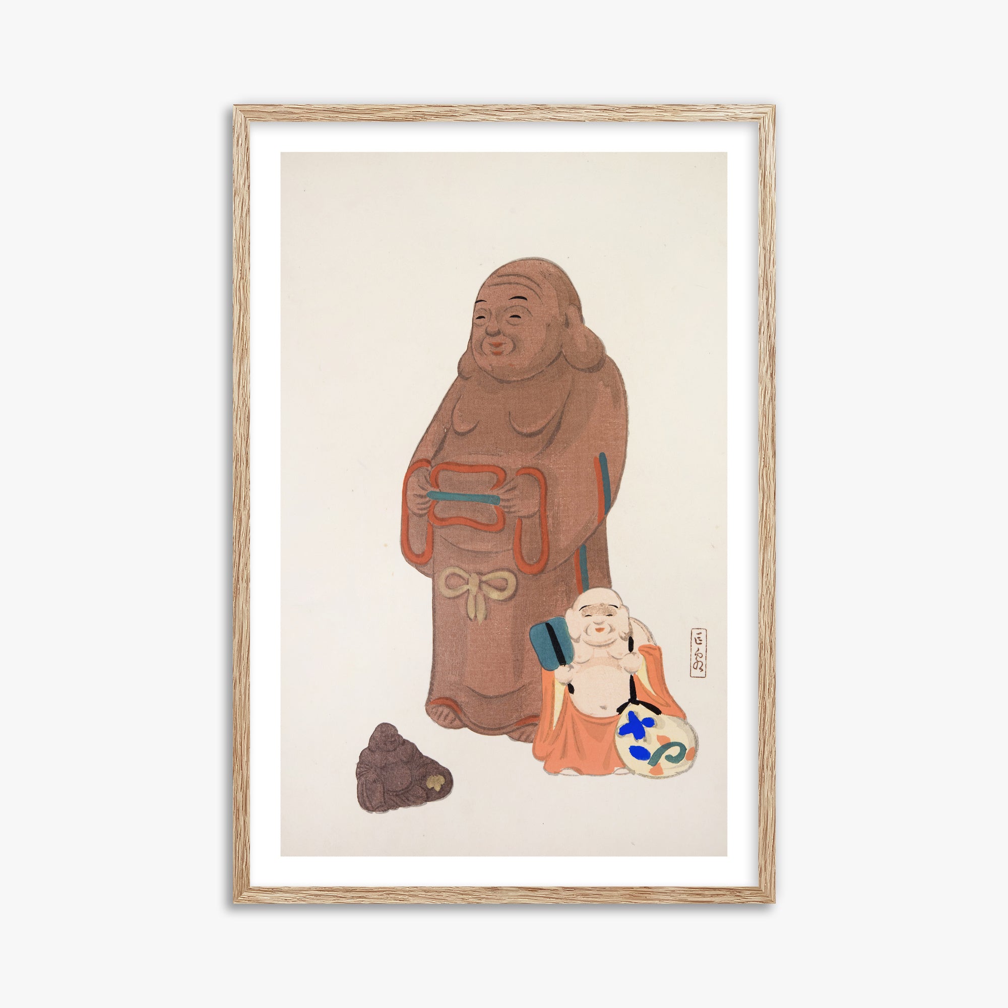 Kawasaki Kyosen: Kyosen’s Collected Illustrations of Japanese Toys Nr. 51 ("Serene Statues"), 61x91cm Framed Art Reproduction With Raw Oak Frame