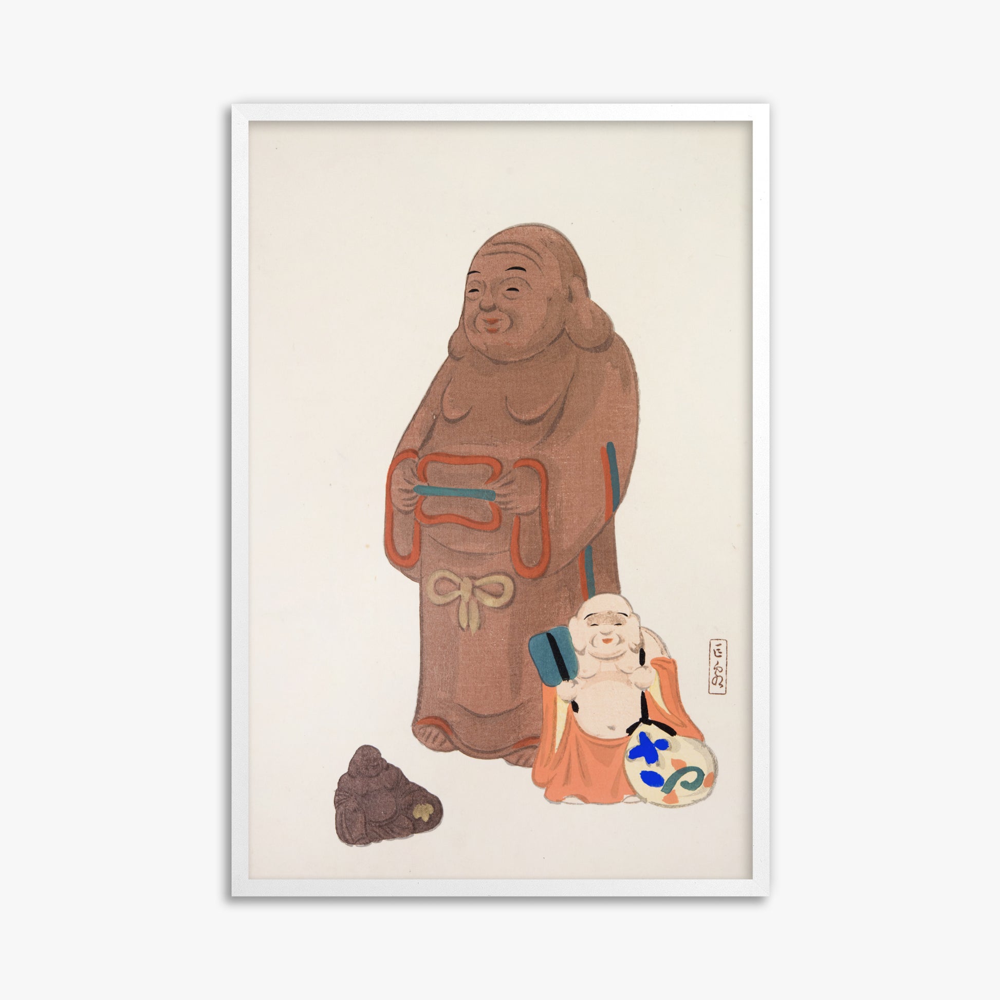 Kawasaki Kyosen: Kyosen’s Collected Illustrations of Japanese Toys Nr. 51 ("Serene Statues"), 61x91cm Framed Art Reproduction With White Frame