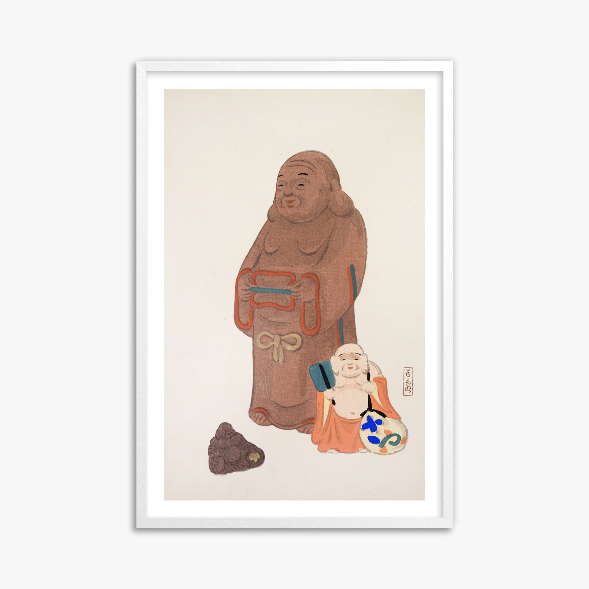 Kawasaki Kyosen: Kyosen’s Collected Illustrations of Japanese Toys Nr. 51 ("Serene Statues"), 61x91cm Framed Art Reproduction With White Frame