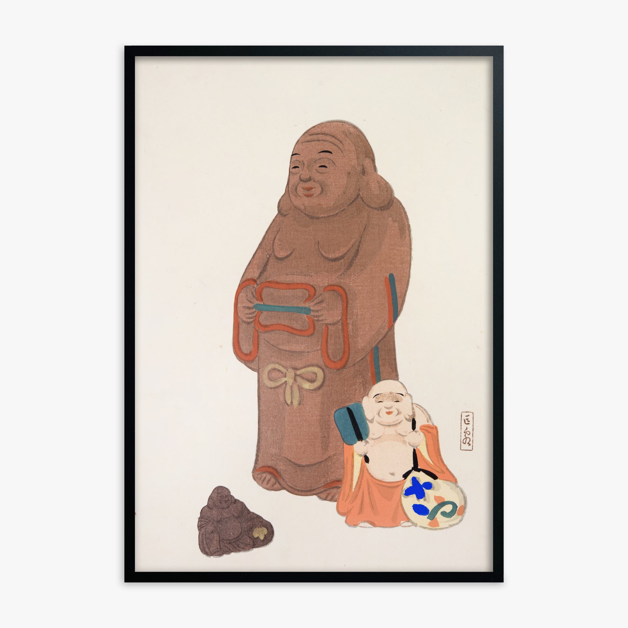 Kawasaki Kyosen: Kyosen’s Collected Illustrations of Japanese Toys Nr. 51 ("Serene Statues"), Black Framed Art Reproduction With Black Frame