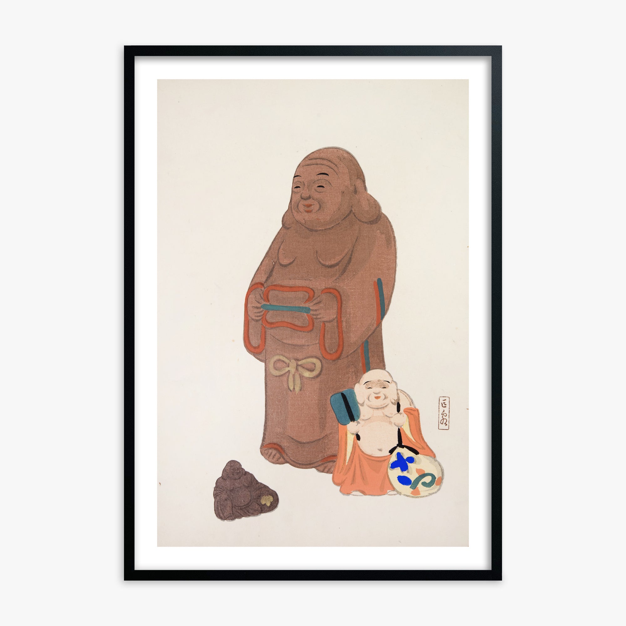 Kawasaki Kyosen: Kyosen’s Collected Illustrations of Japanese Toys Nr. 51 ("Serene Statues"), 70x100cm Framed Art Reproduction With Black Frame