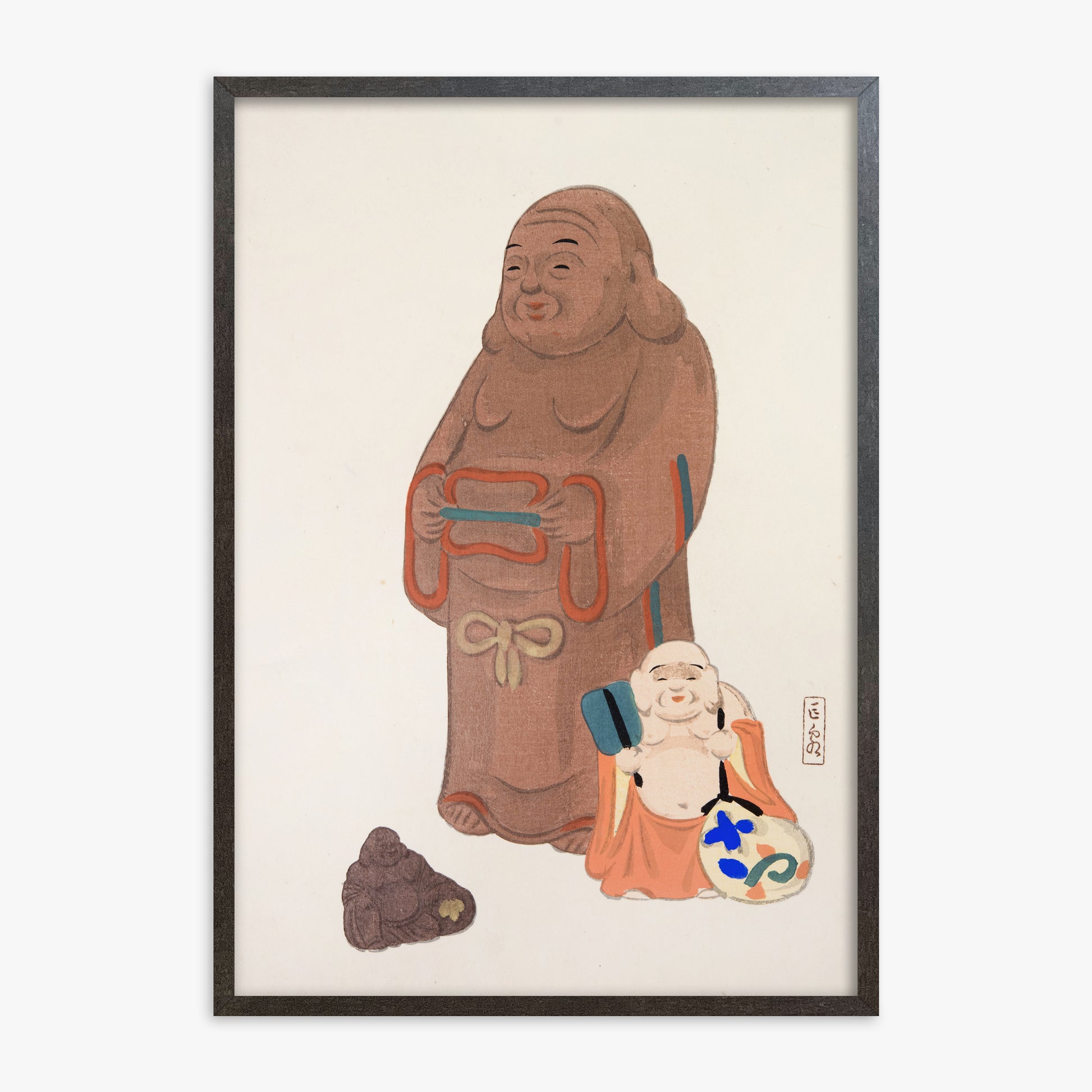 Kawasaki Kyosen: Kyosen’s Collected Illustrations of Japanese Toys Nr. 51 ("Serene Statues"), 70x100cm Framed Art Reproduction With Espresso Frame