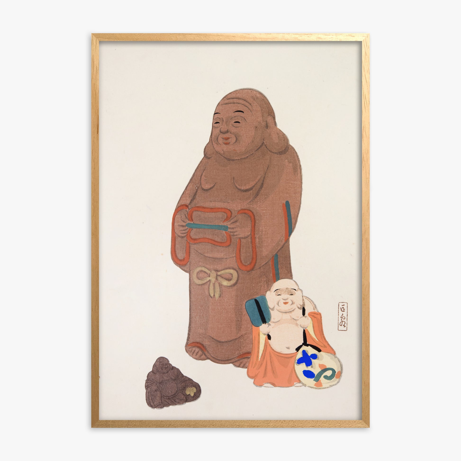 Kawasaki Kyosen: Kyosen’s Collected Illustrations of Japanese Toys Nr. 51 ("Serene Statues"), Oak Framed Art Reproduction With Oak Frame