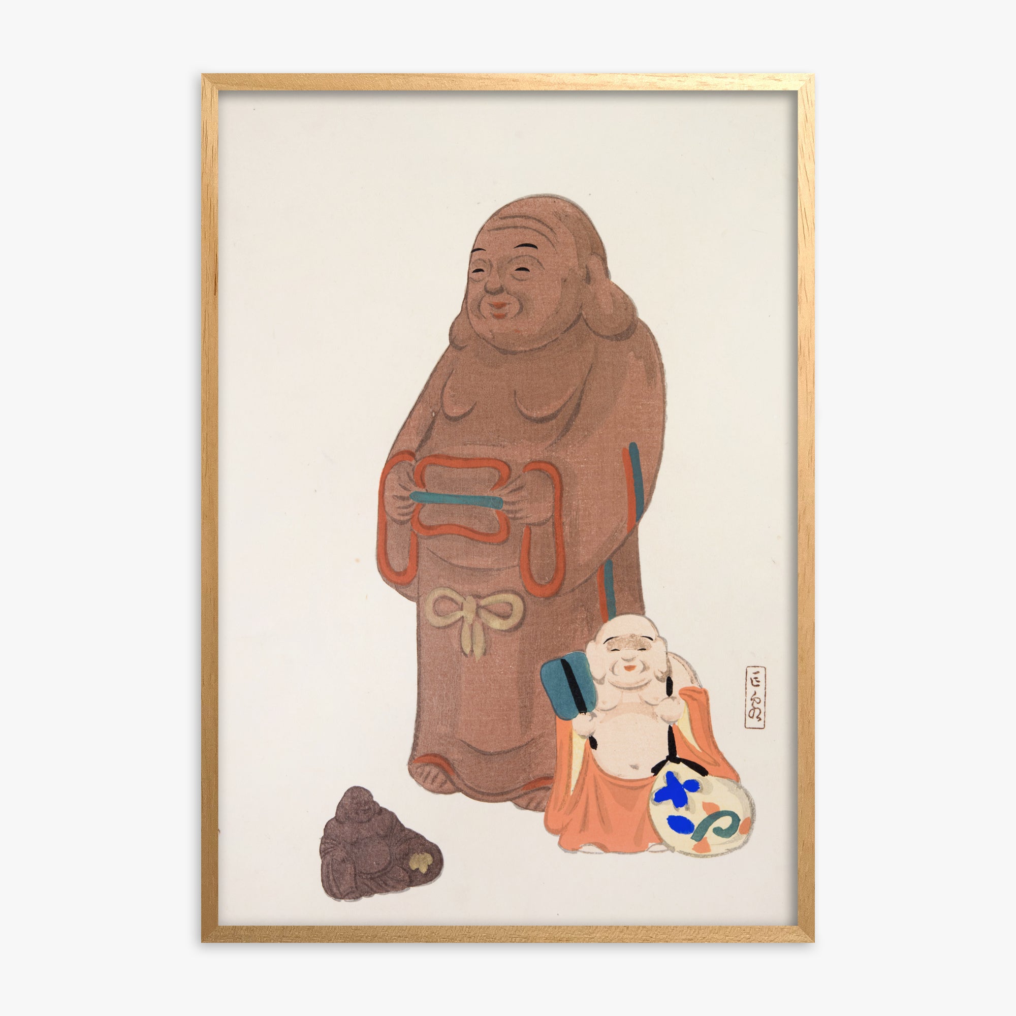 Kawasaki Kyosen: Kyosen’s Collected Illustrations of Japanese Toys Nr. 51 ("Serene Statues"), Oak Framed Art Reproduction With Oak Frame