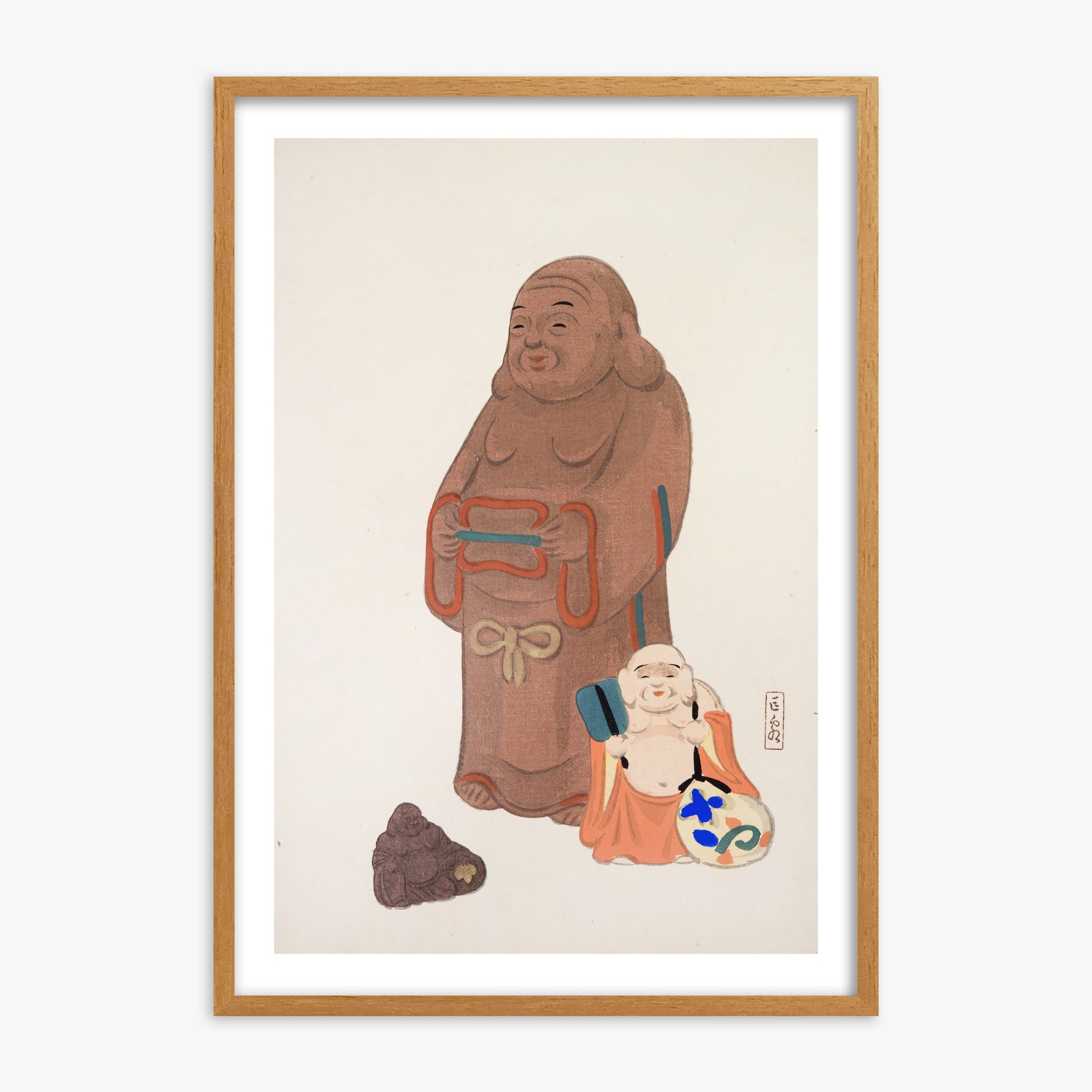 Kawasaki Kyosen: Kyosen’s Collected Illustrations of Japanese Toys Nr. 51 ("Serene Statues"), 70x100cm Framed Art Reproduction With Oak Frame