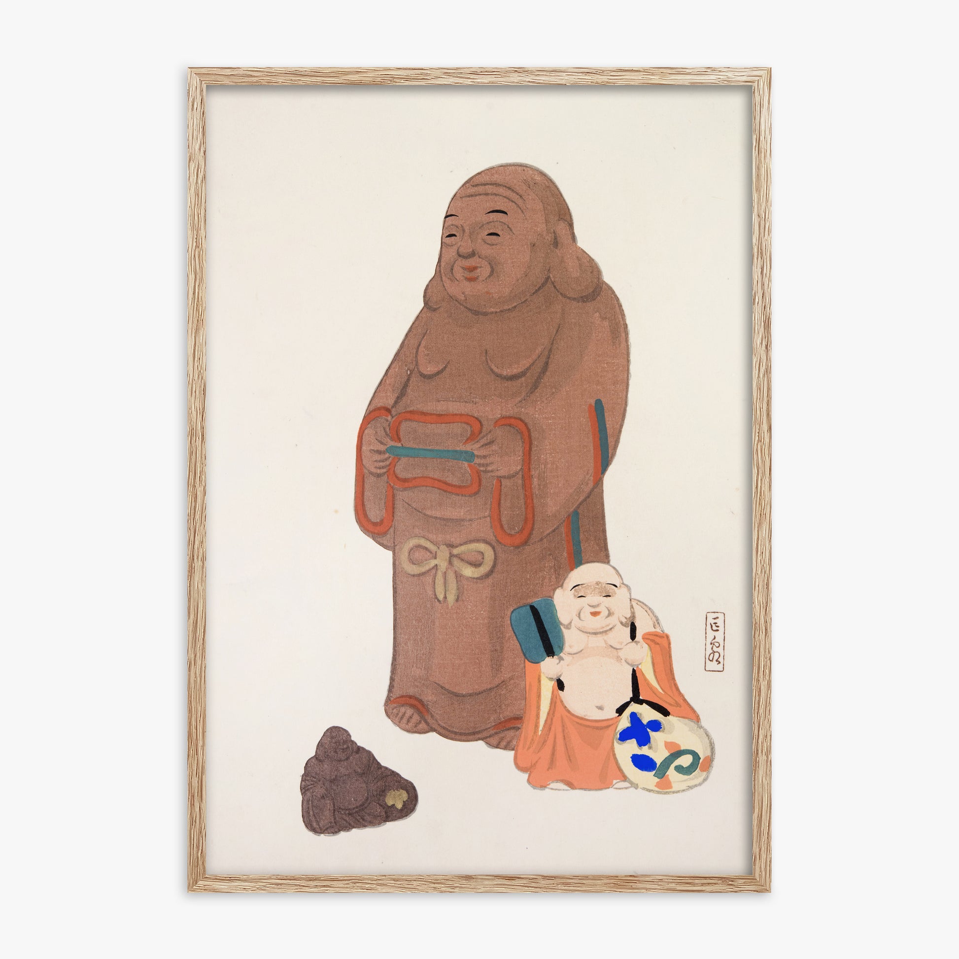 Kawasaki Kyosen: Kyosen’s Collected Illustrations of Japanese Toys Nr. 51 ("Serene Statues"), 70x100cm Framed Art Reproduction With Raw Oak Frame