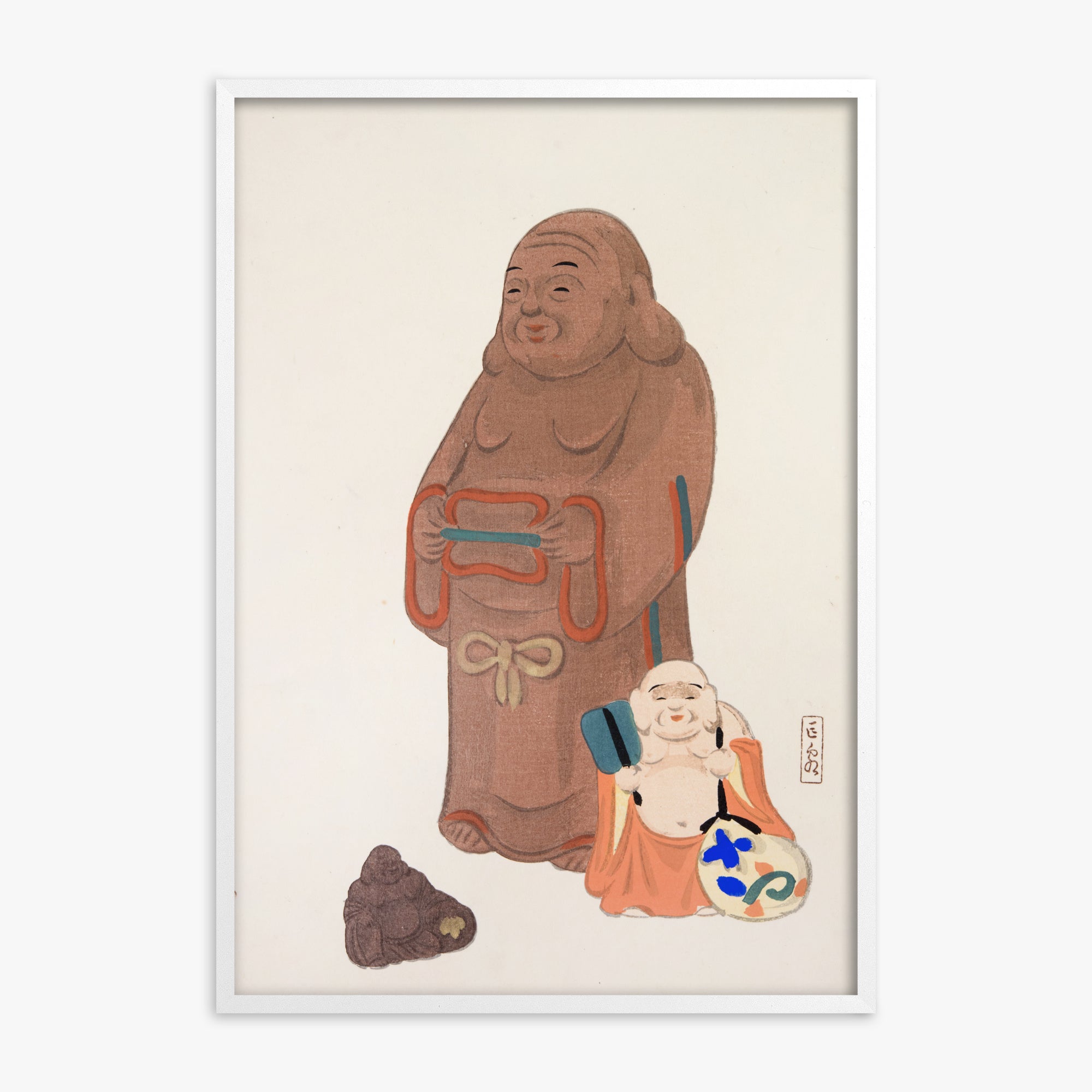 Kawasaki Kyosen: Kyosen’s Collected Illustrations of Japanese Toys Nr. 51 ("Serene Statues"), White Framed Art Reproduction With White Frame