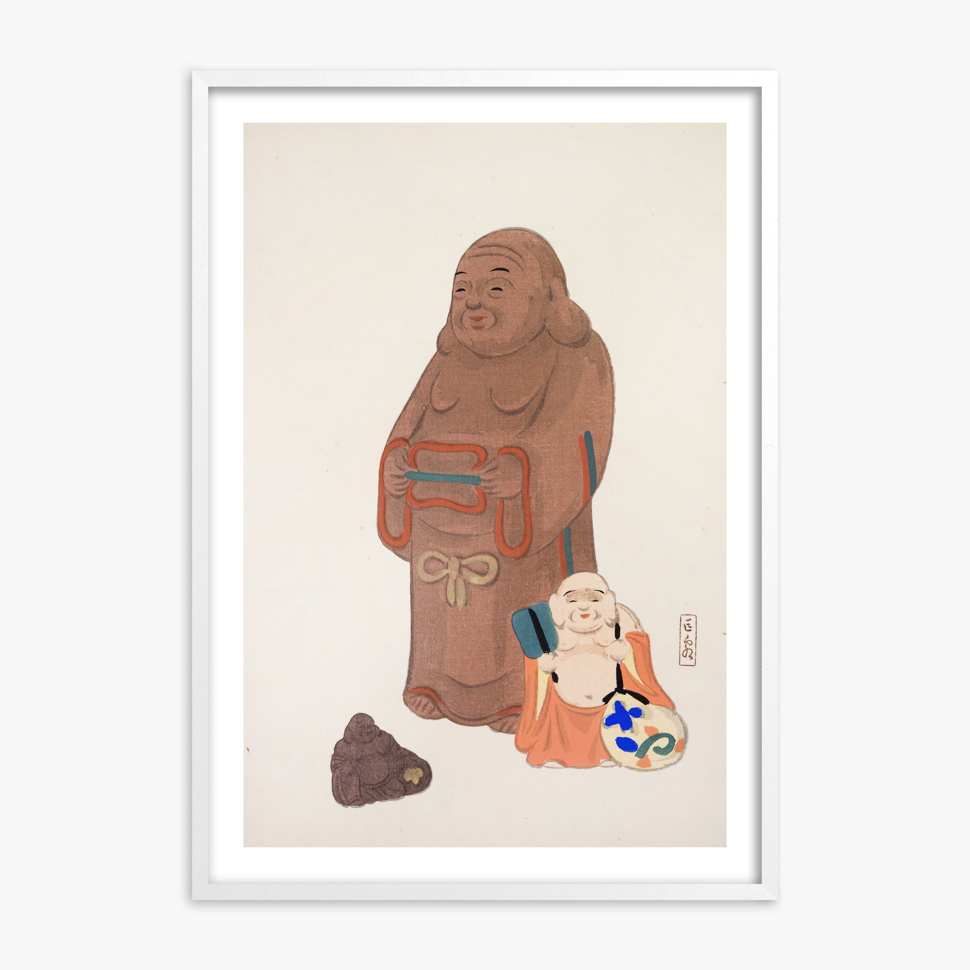 Kawasaki Kyosen: Kyosen’s Collected Illustrations of Japanese Toys Nr. 51 ("Serene Statues"), 70x100cm Framed Art Reproduction With White Frame