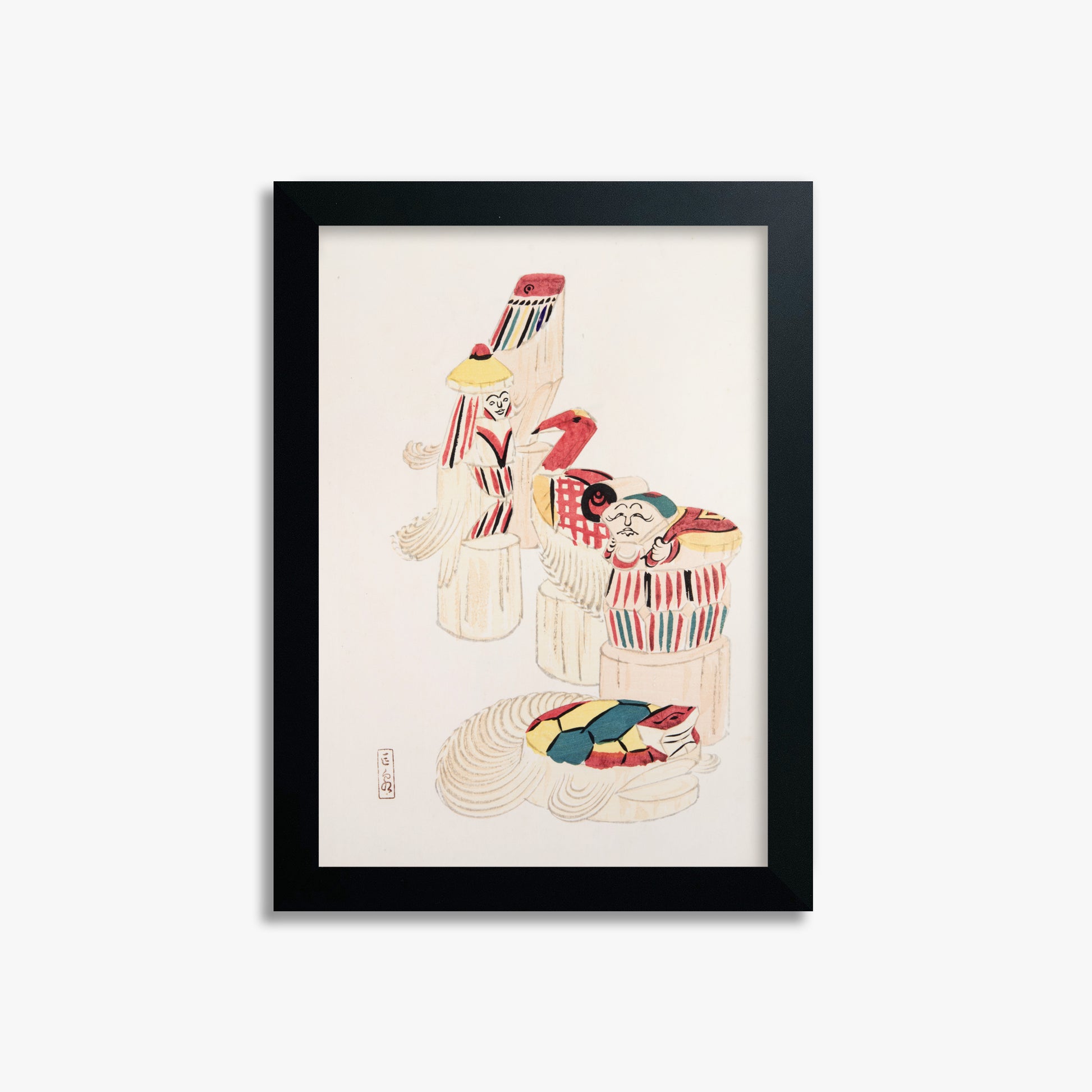 Kawasaki Kyosen: Kyosen’s Collected Illustrations of Japanese Toys Nr. 52 ("Ancient Folk Spirits"), 21x30cm Framed Art Reproduction With Black Frame