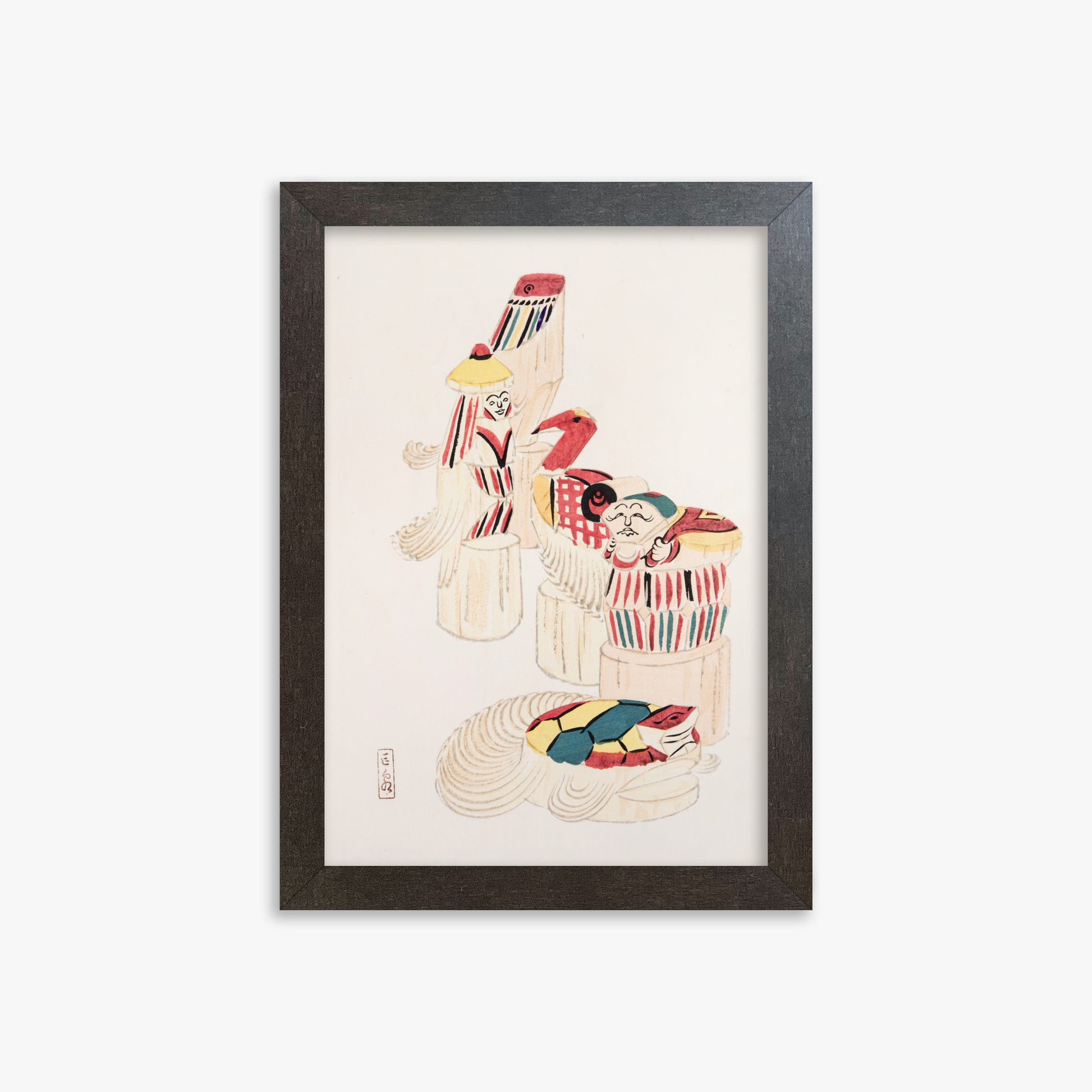 Kawasaki Kyosen: Kyosen’s Collected Illustrations of Japanese Toys Nr. 52 ("Ancient Folk Spirits"), 21x30cm Framed Art Reproduction With Espresso Frame