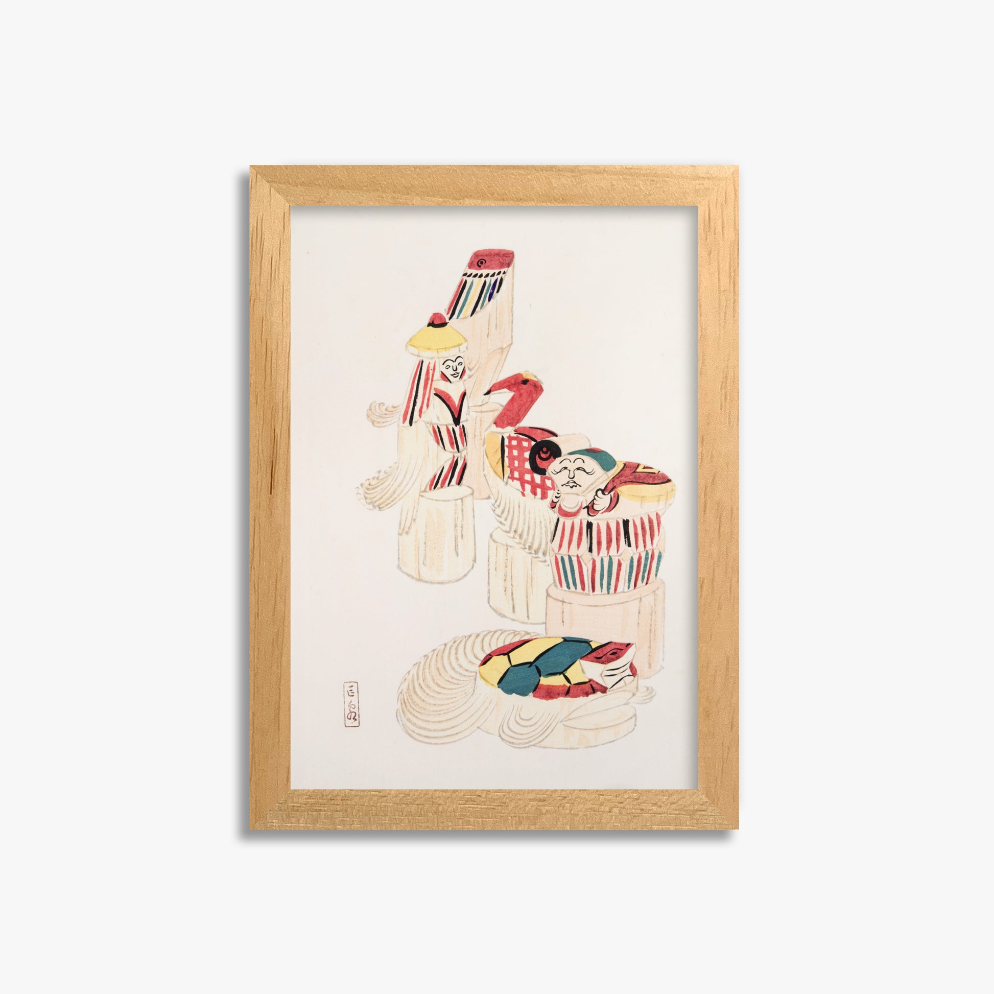 Kawasaki Kyosen: Kyosen’s Collected Illustrations of Japanese Toys Nr. 52 ("Ancient Folk Spirits"), 21x30cm Framed Art Reproduction With Oak Frame