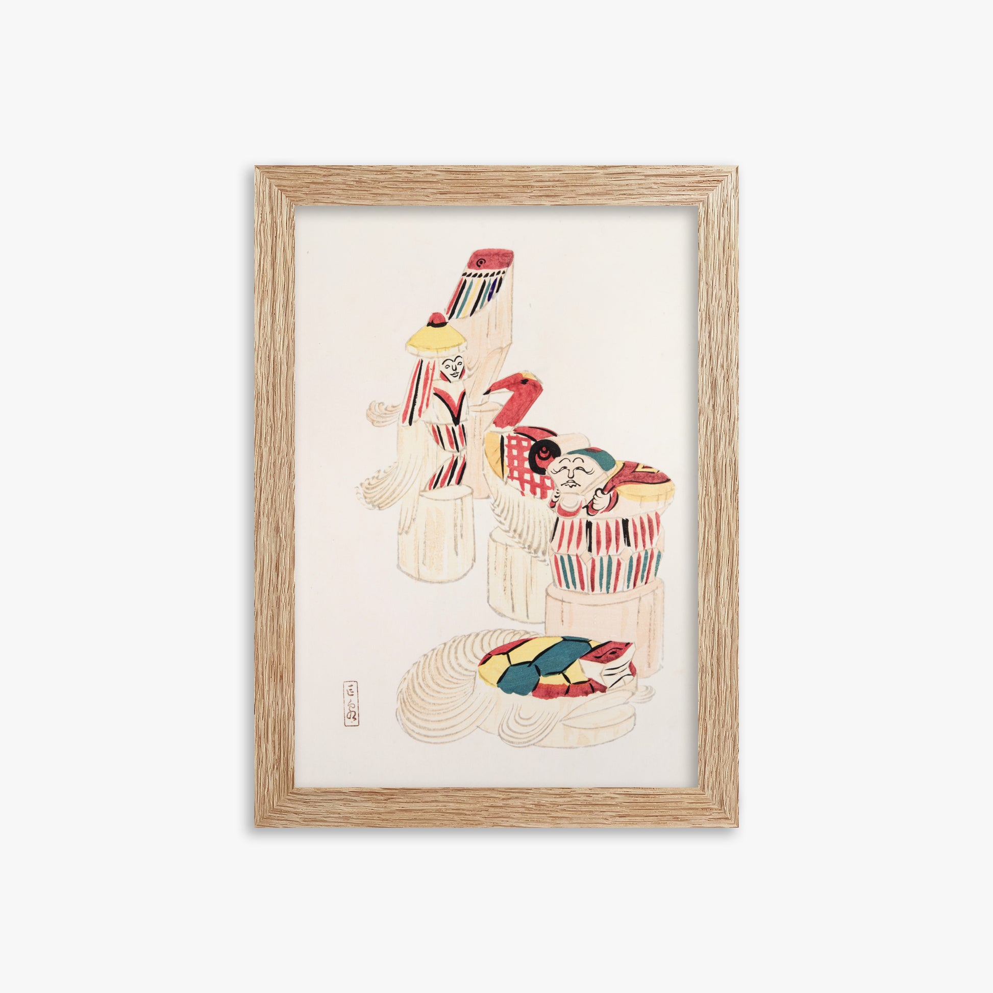 Kawasaki Kyosen: Kyosen’s Collected Illustrations of Japanese Toys Nr. 52 ("Ancient Folk Spirits"), 21x30cm Framed Art Reproduction With Raw Oak Frame