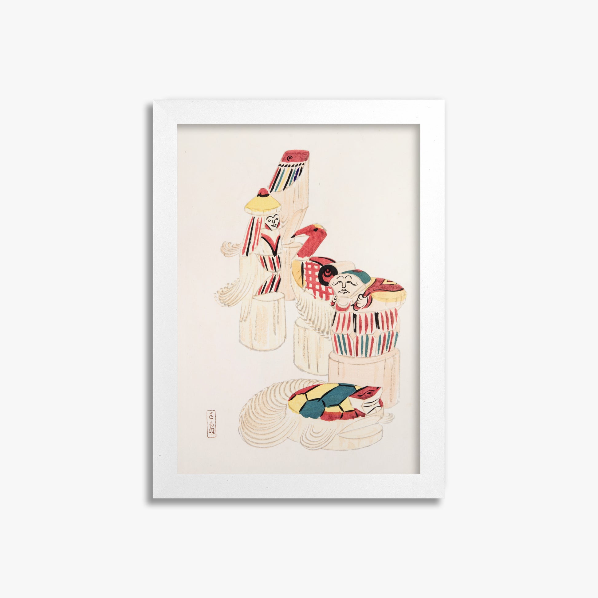 Kawasaki Kyosen: Kyosen’s Collected Illustrations of Japanese Toys Nr. 52 ("Ancient Folk Spirits"), 21x30cm Framed Art Reproduction With White Frame