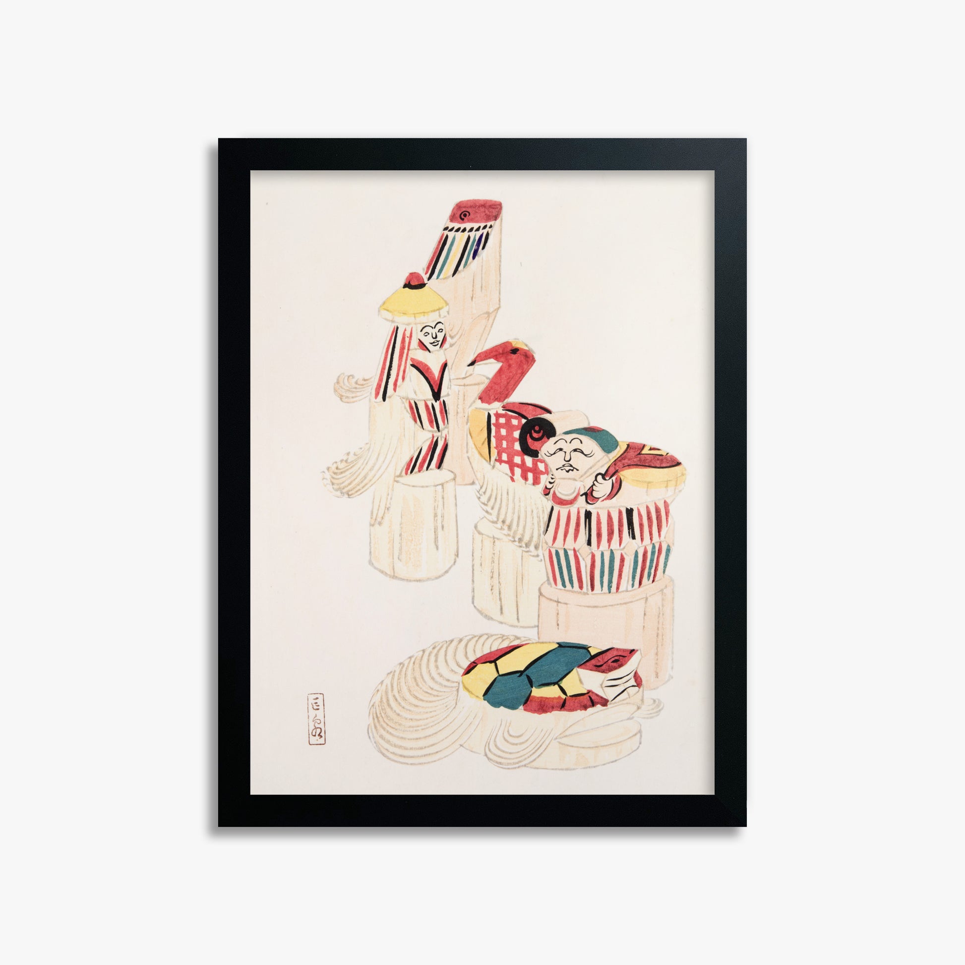 Kawasaki Kyosen: Kyosen’s Collected Illustrations of Japanese Toys Nr. 52 ("Ancient Folk Spirits"), 30x40cm Framed Art Reproduction With Black Frame